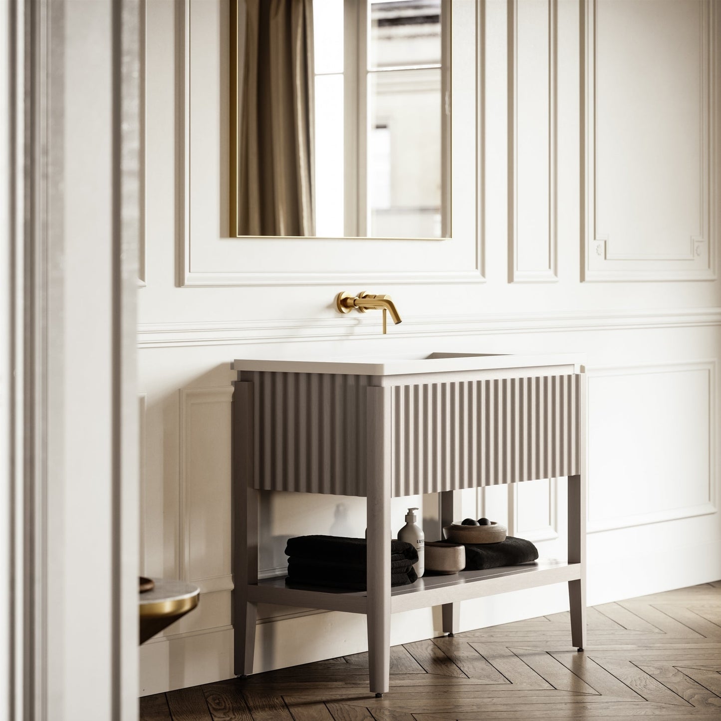 Eclat Velvet Beige Wood Grain Vanity Unit 1000mm