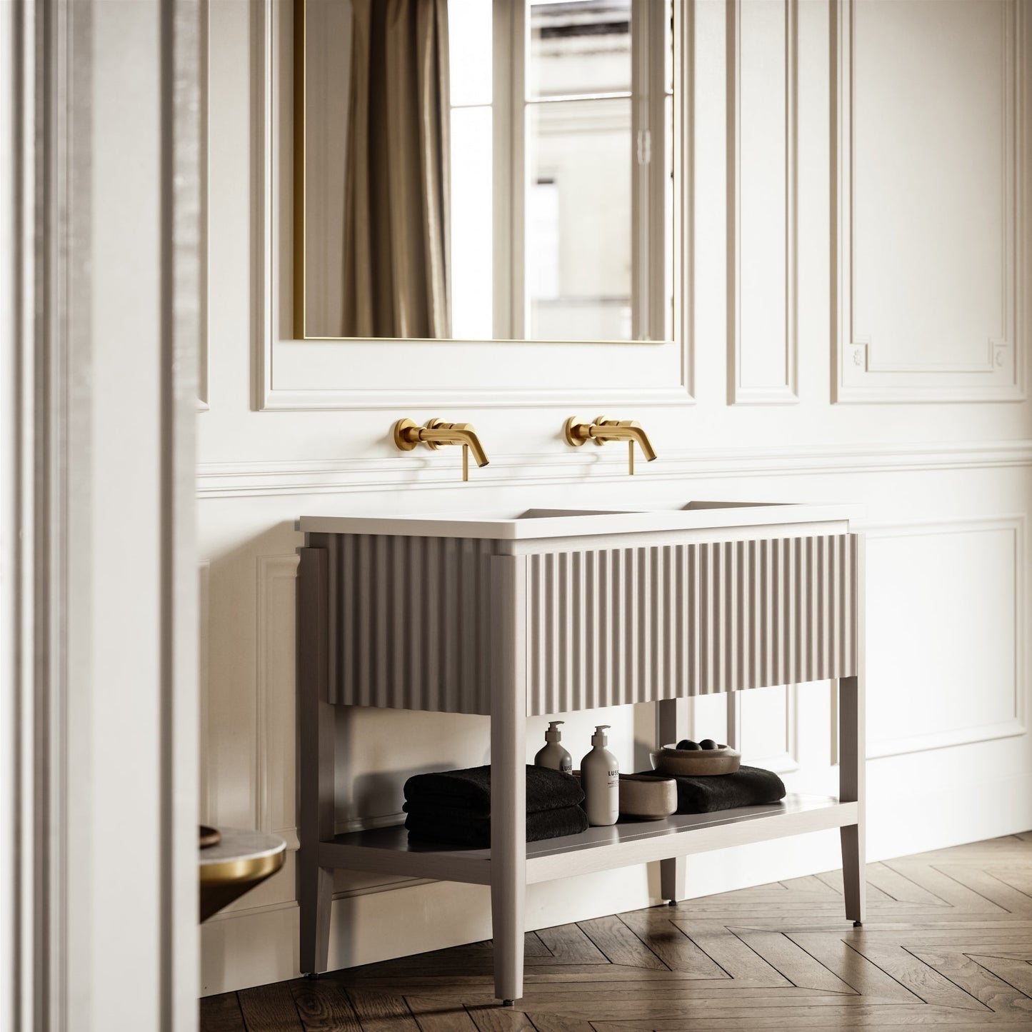 Eclat Velvet Beige Wood Grain Vanity Unit 1200mm