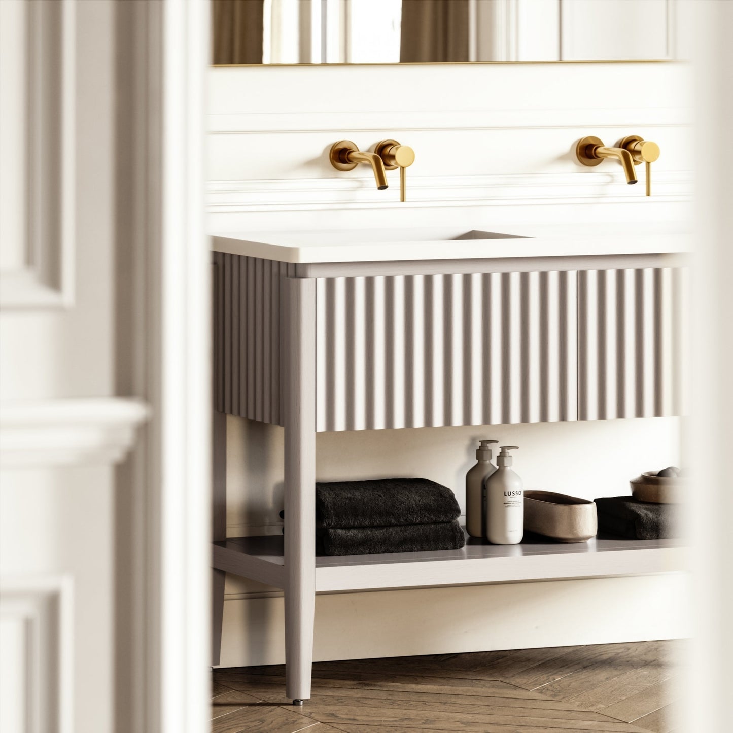 Eclat Velvet Beige Wood Grain Vanity Unit 1200mm