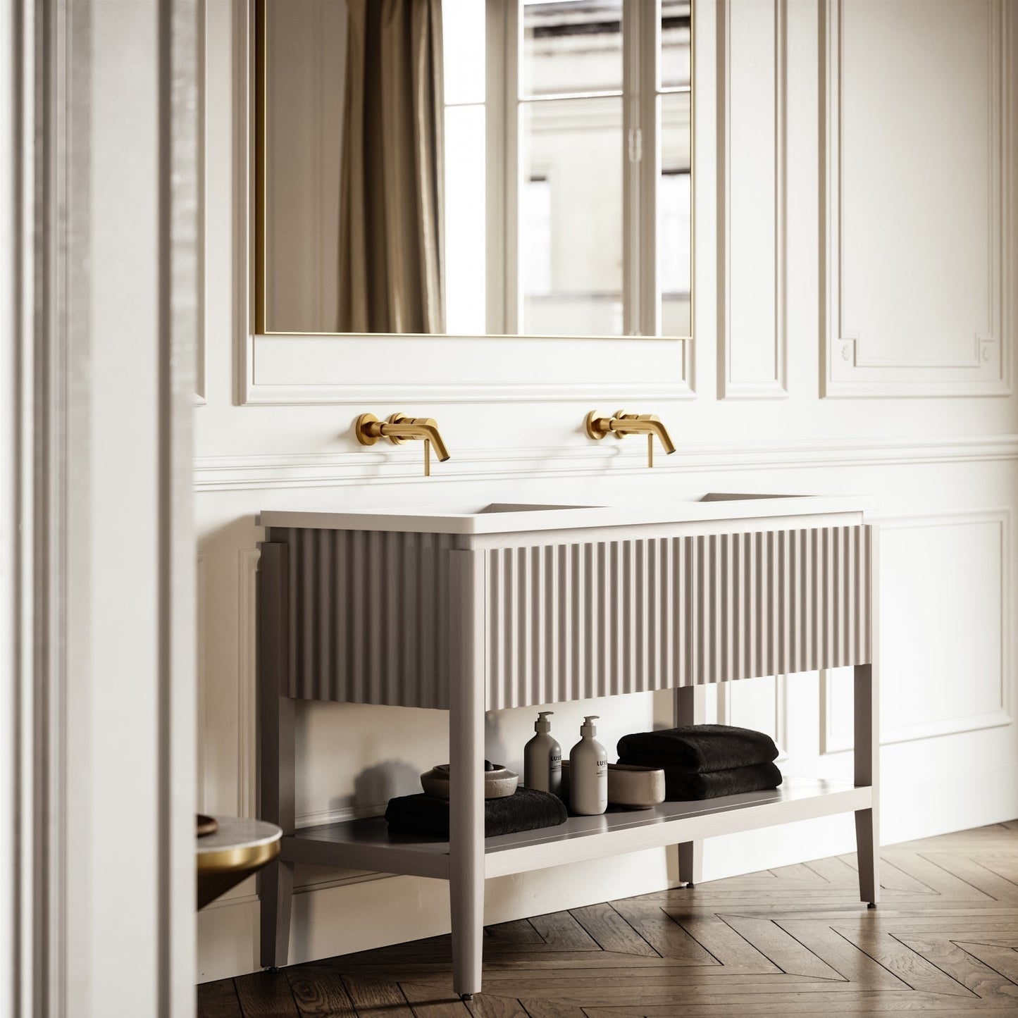 Eclat Velvet Beige Wood Grain Vanity Unit 1400mm