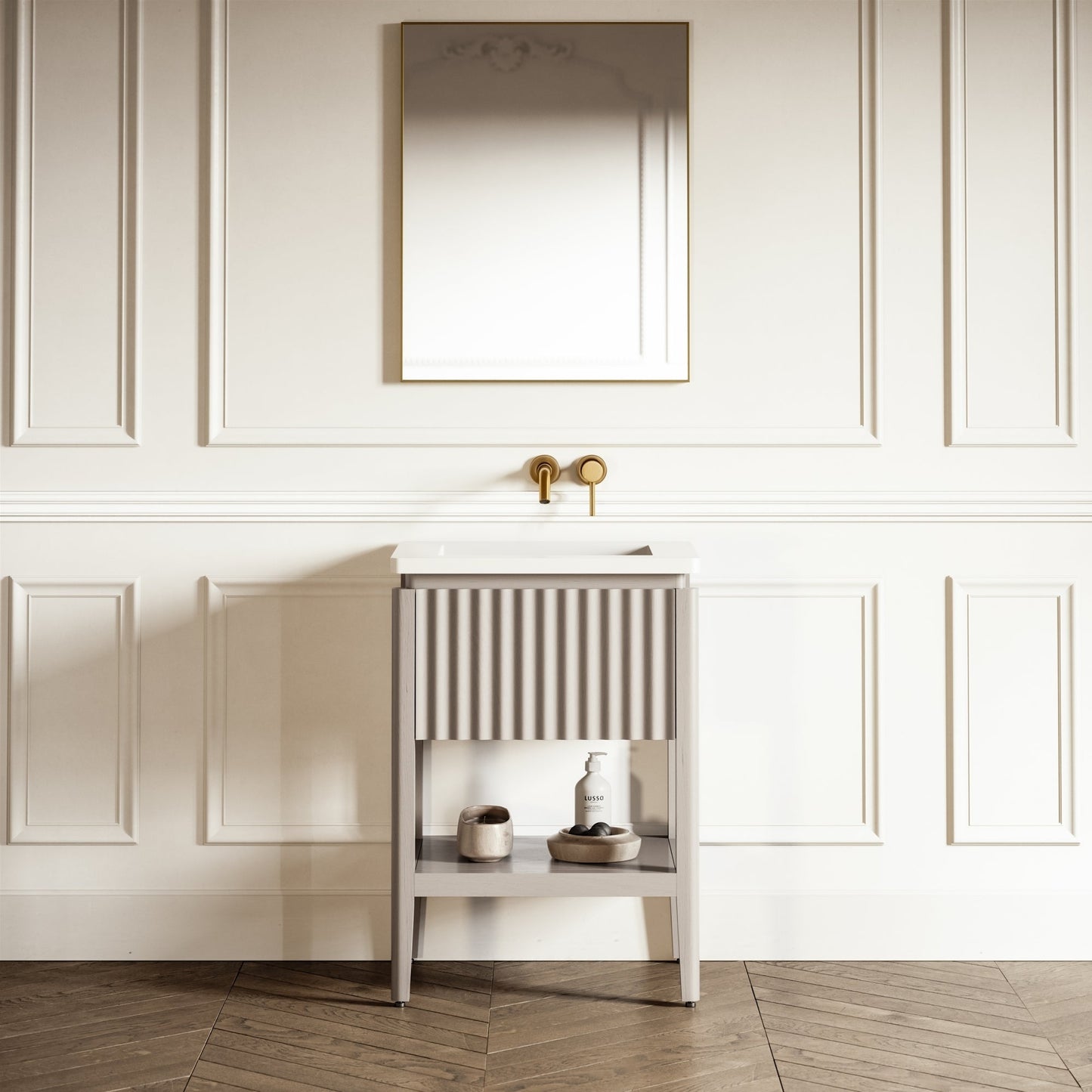 Eclat Velvet Beige Wood Grain Vanity Unit 600mm