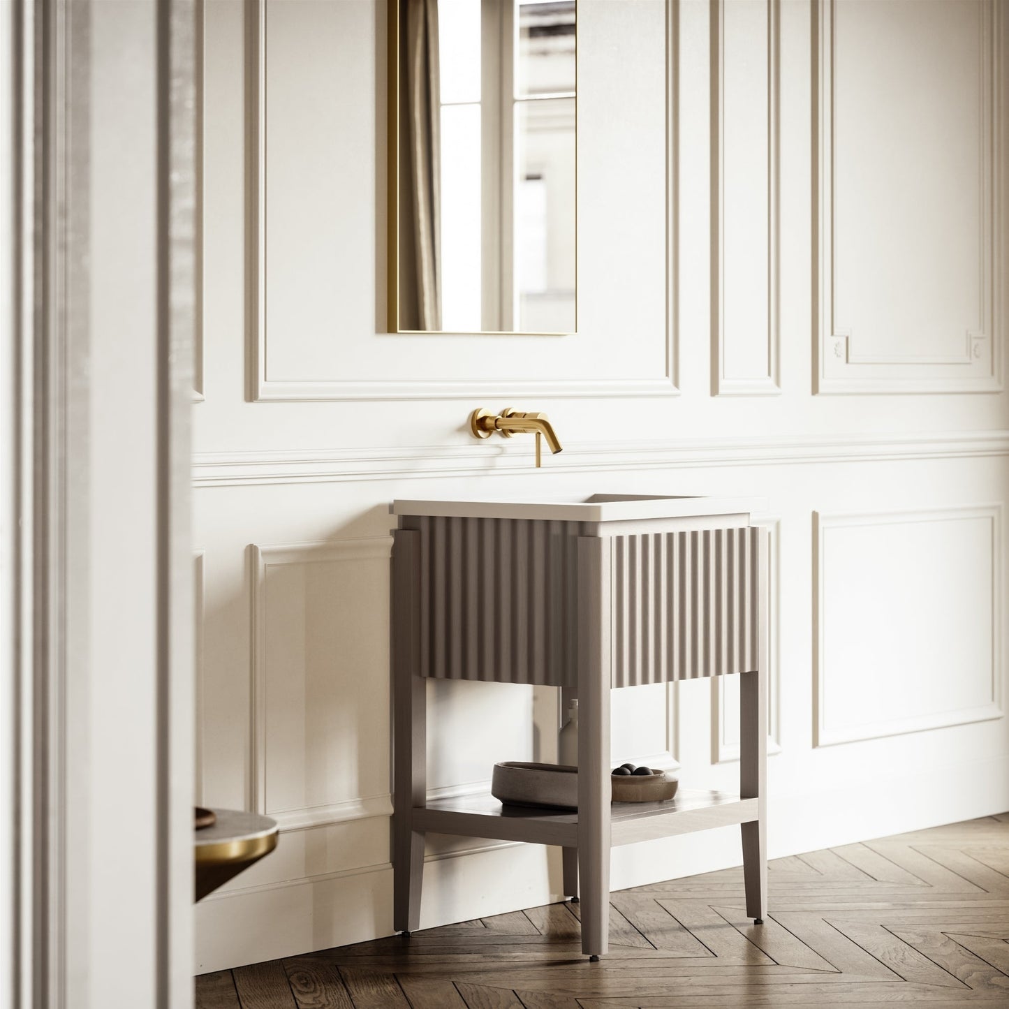 Eclat Velvet Beige Wood Grain Vanity Unit 600mm