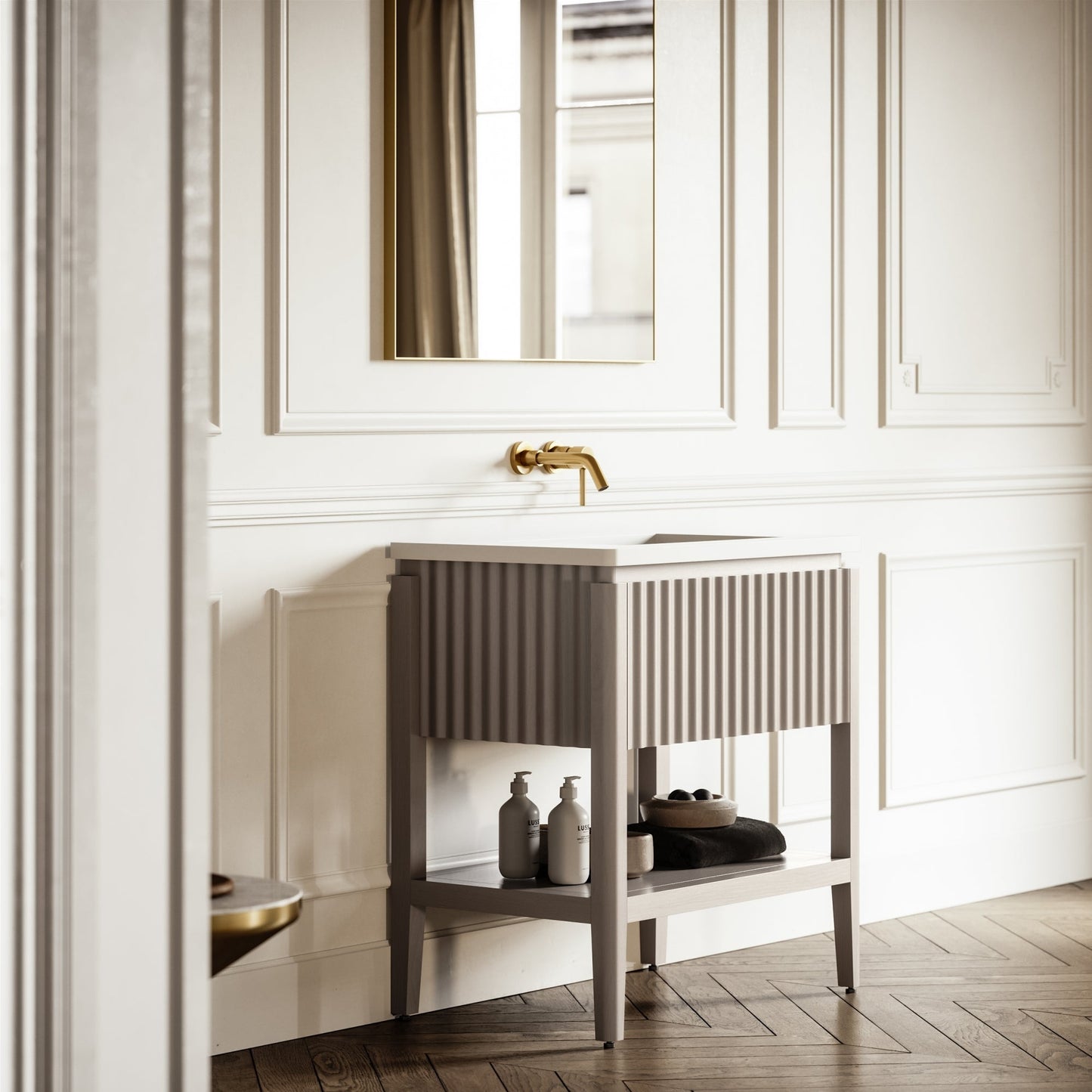 Eclat Velvet Beige Wood Grain Vanity Unit 800mm