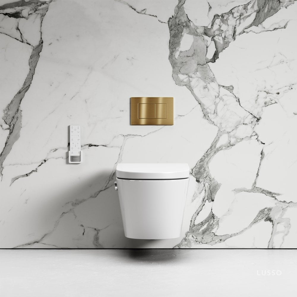 Intellismart Wall Hung Rimless Bidet Toilet with Concealed Cistern Frame and Brushed Gold Flush Plate