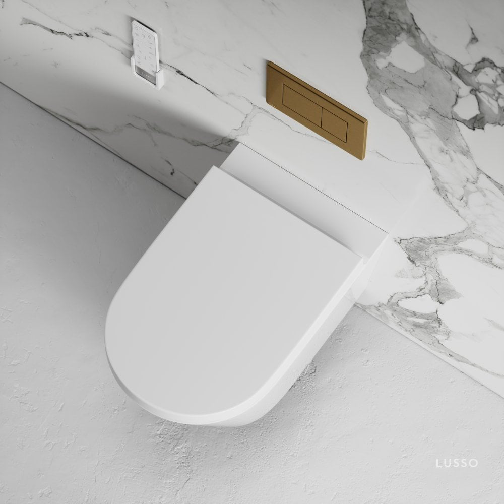 Intellismart Wall Hung Rimless Bidet Toilet with Concealed Cistern Frame and Brushed Gold Flush Plate