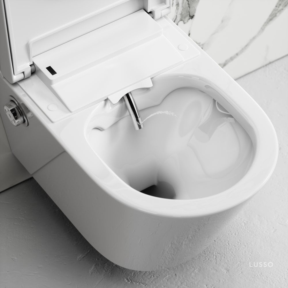 Intellismart Wall Hung Rimless Bidet Toilet with Concealed Cistern Frame and Rose Gold Flush Plate