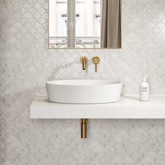 Kurv Stone Basin 600mm & Stone Wall Hung Countertop Basin Shelf Set