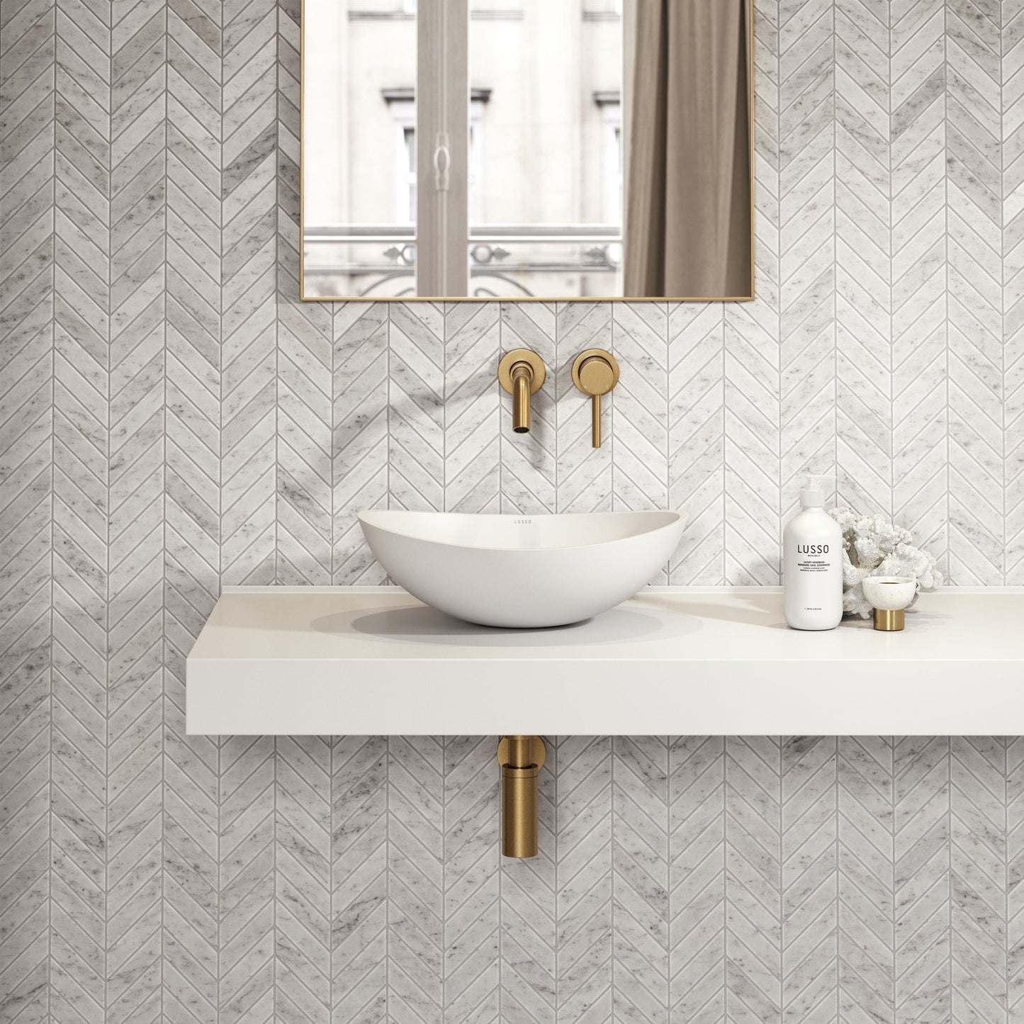 Labello Chevron Carrara Marble Mosaic Wall or Floor Tile