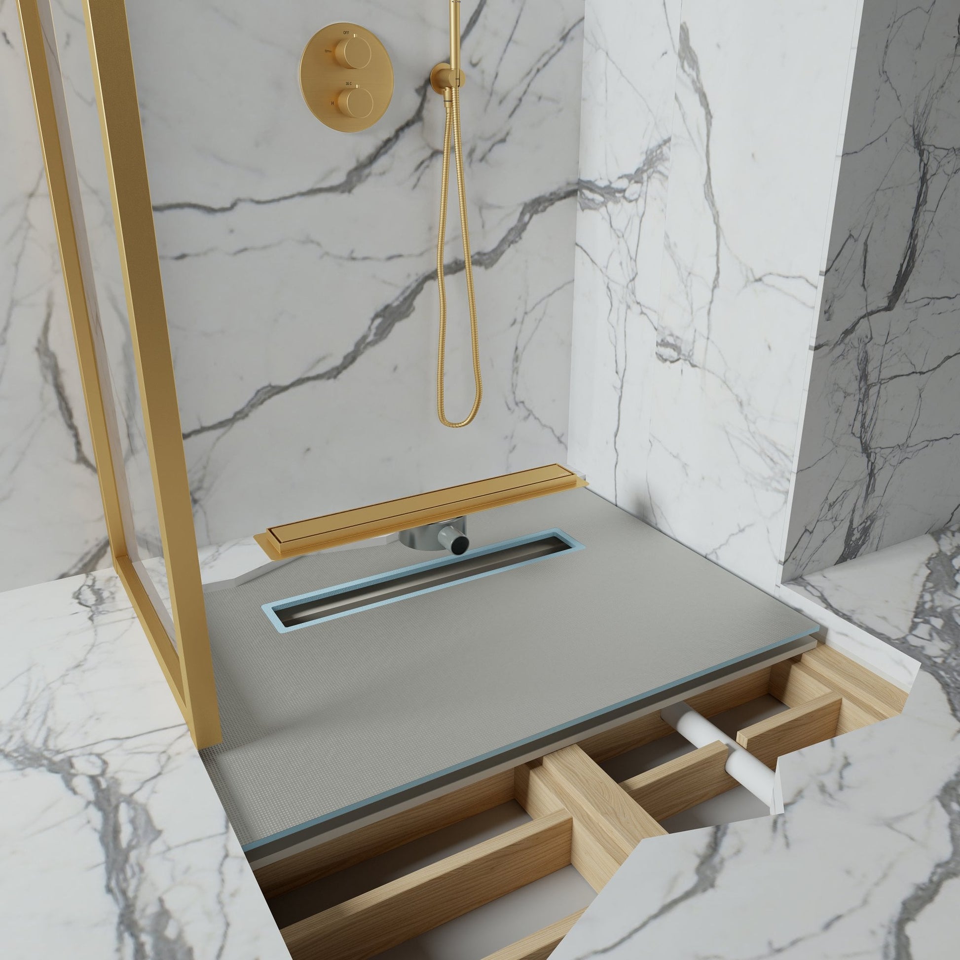 Linear Wet Room Walk in Shower Tray Kit + Tanking Kit + Brushed Gold Waste Kit