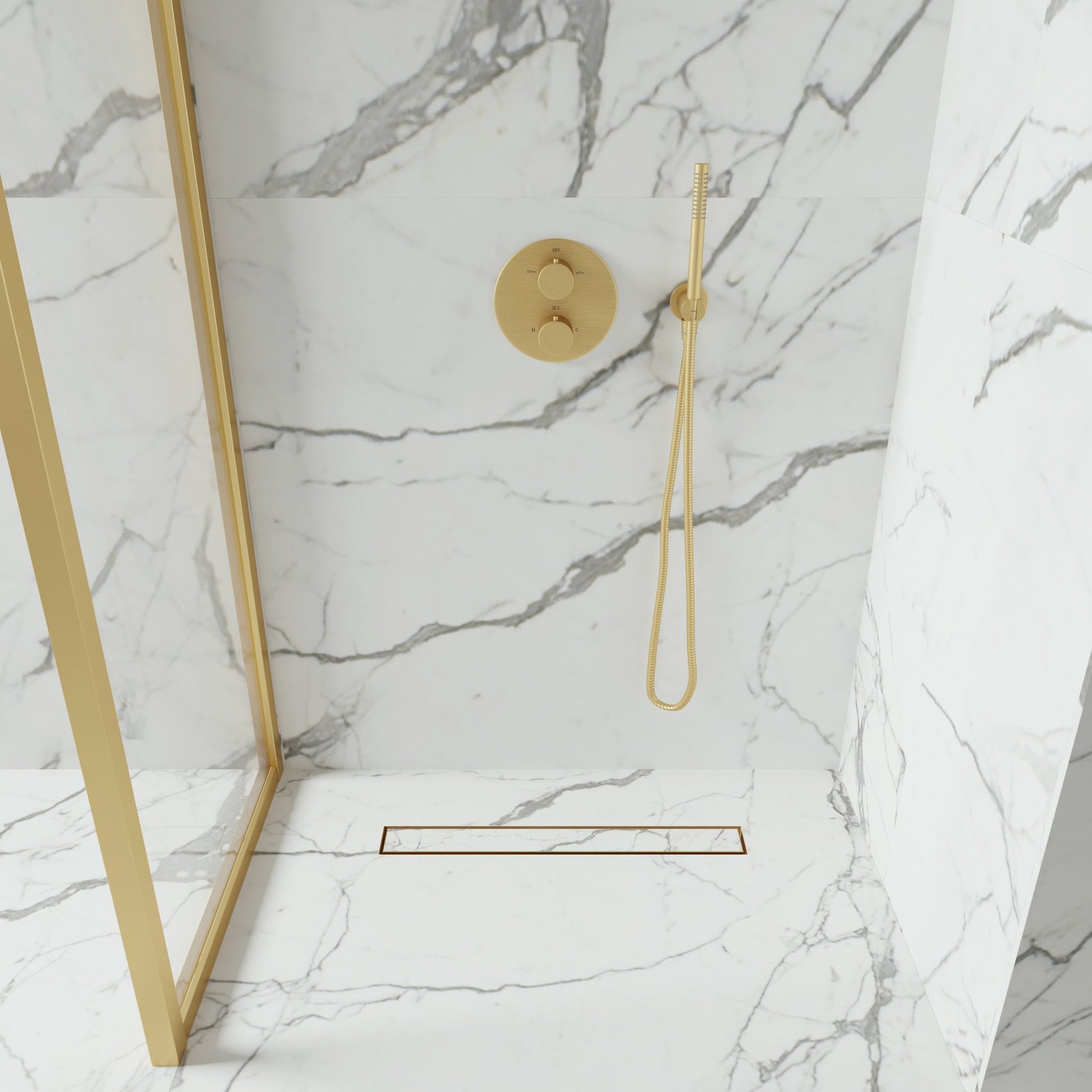 Linear Wet Room Walk in Shower Tray Kit + Tanking Kit + Brushed Gold Waste Kit