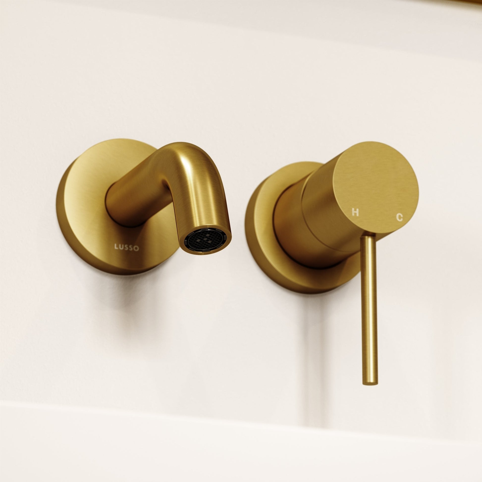 Luxe Brushed Gold Short Projection Wall Mounted Basin Mixer Tap