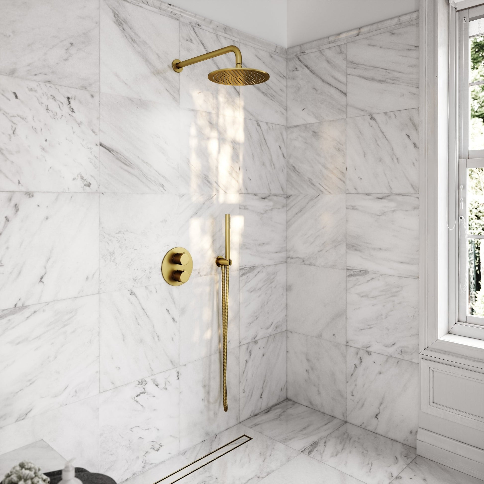 Luxe Brushed Gold Thermostatic Shower with Handheld Shower