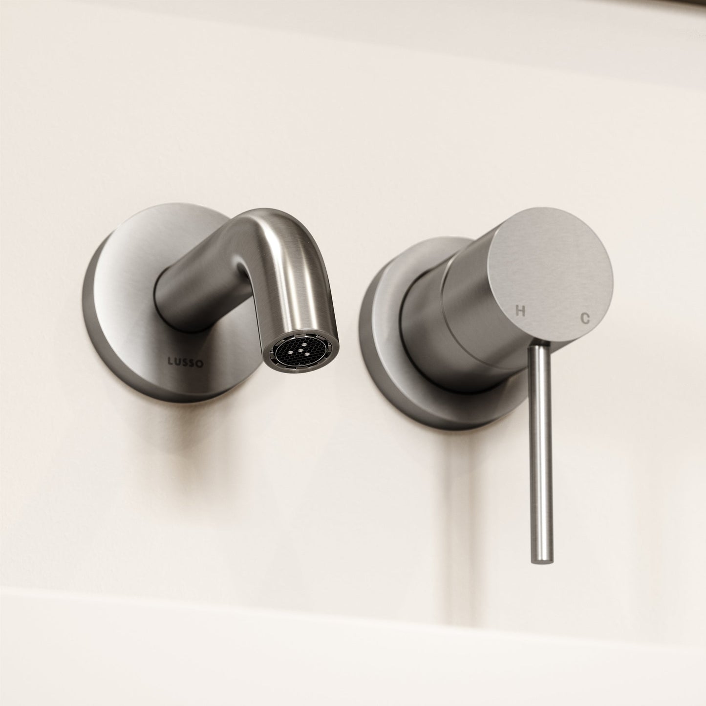 Luxe Brushed Stainless Short Projection Wall Mounted Basin Mixer Tap