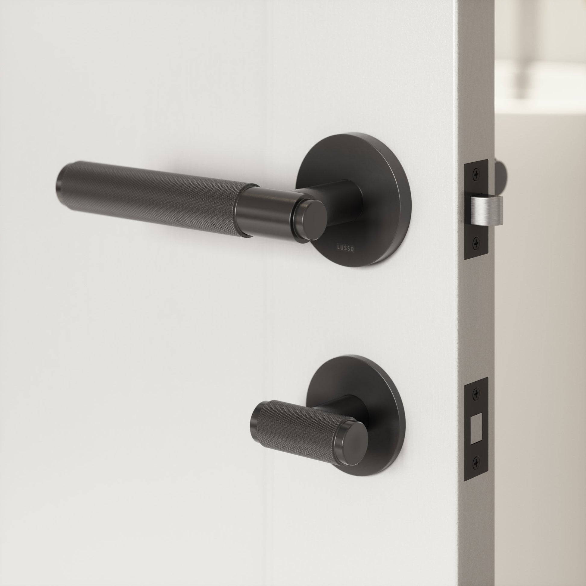 Luxe Knurled Matte Black Bathroom WC Door Handle Latch and Hinge Bundle