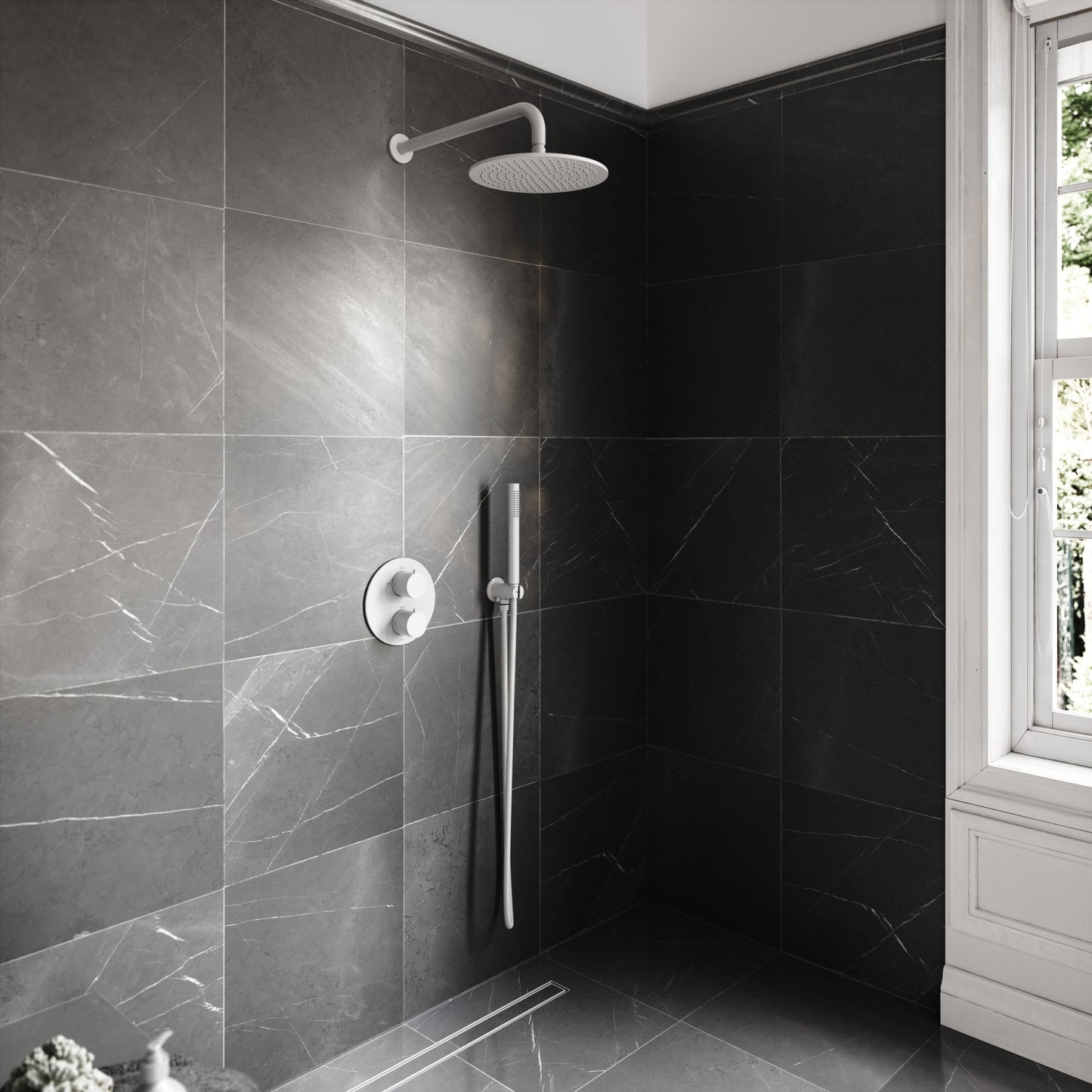Luxe Silk Matte White Thermostatic Shower with Handheld Shower