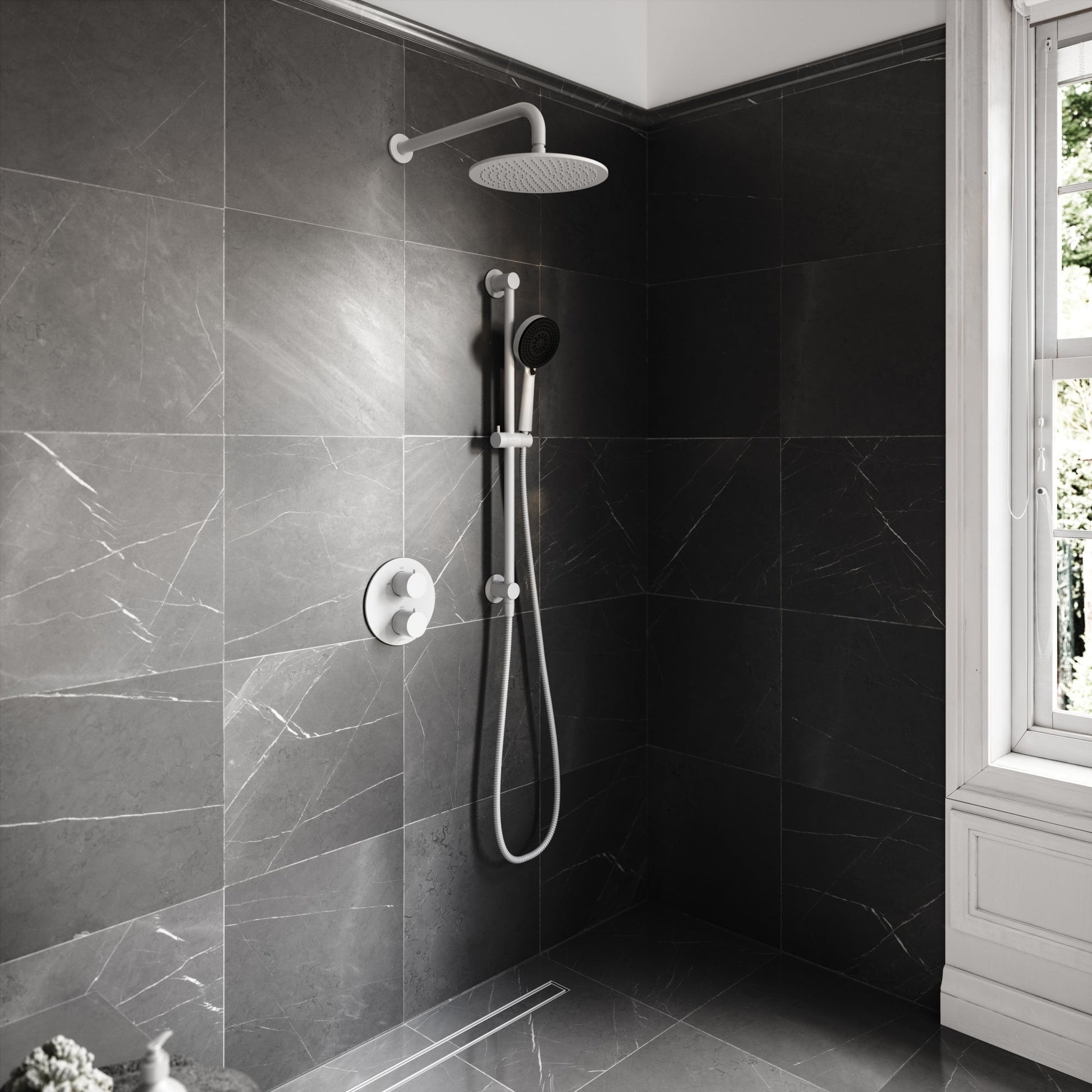 Luxe Silk Matte White Thermostatic Shower with Handheld Shower