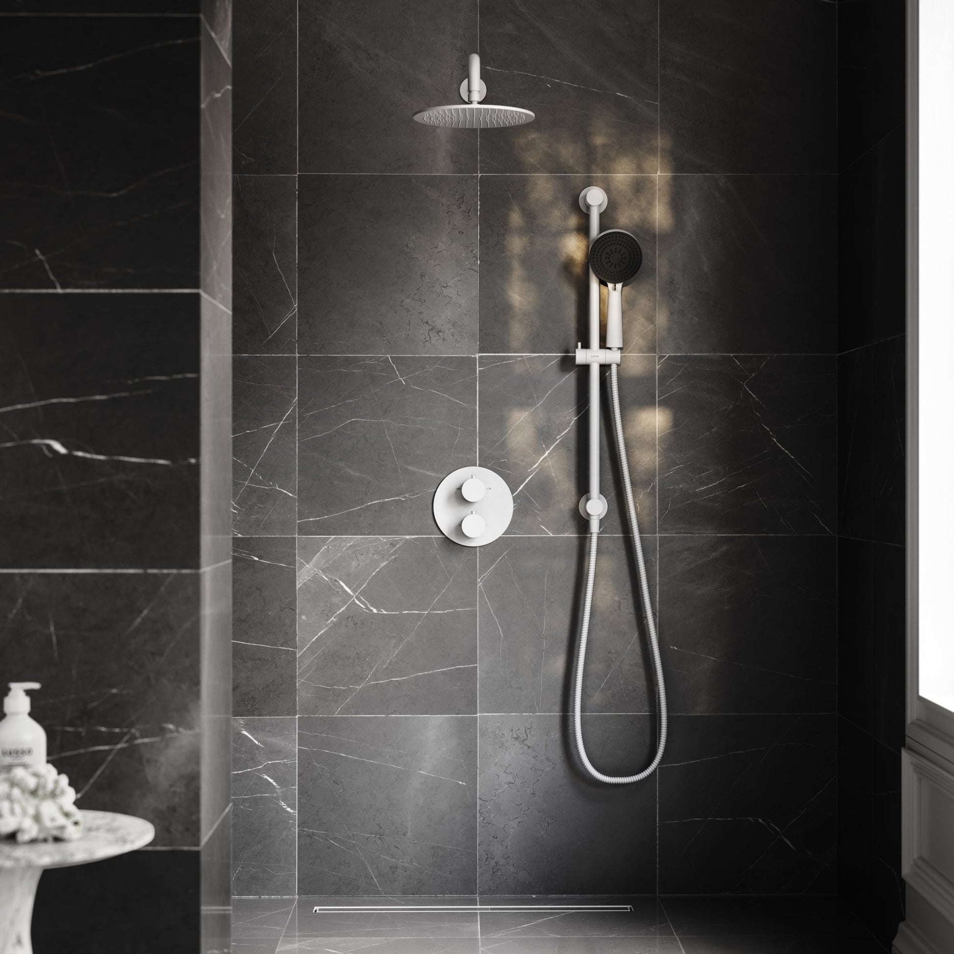 Luxe Silk Matte White Thermostatic Shower with Handheld Shower