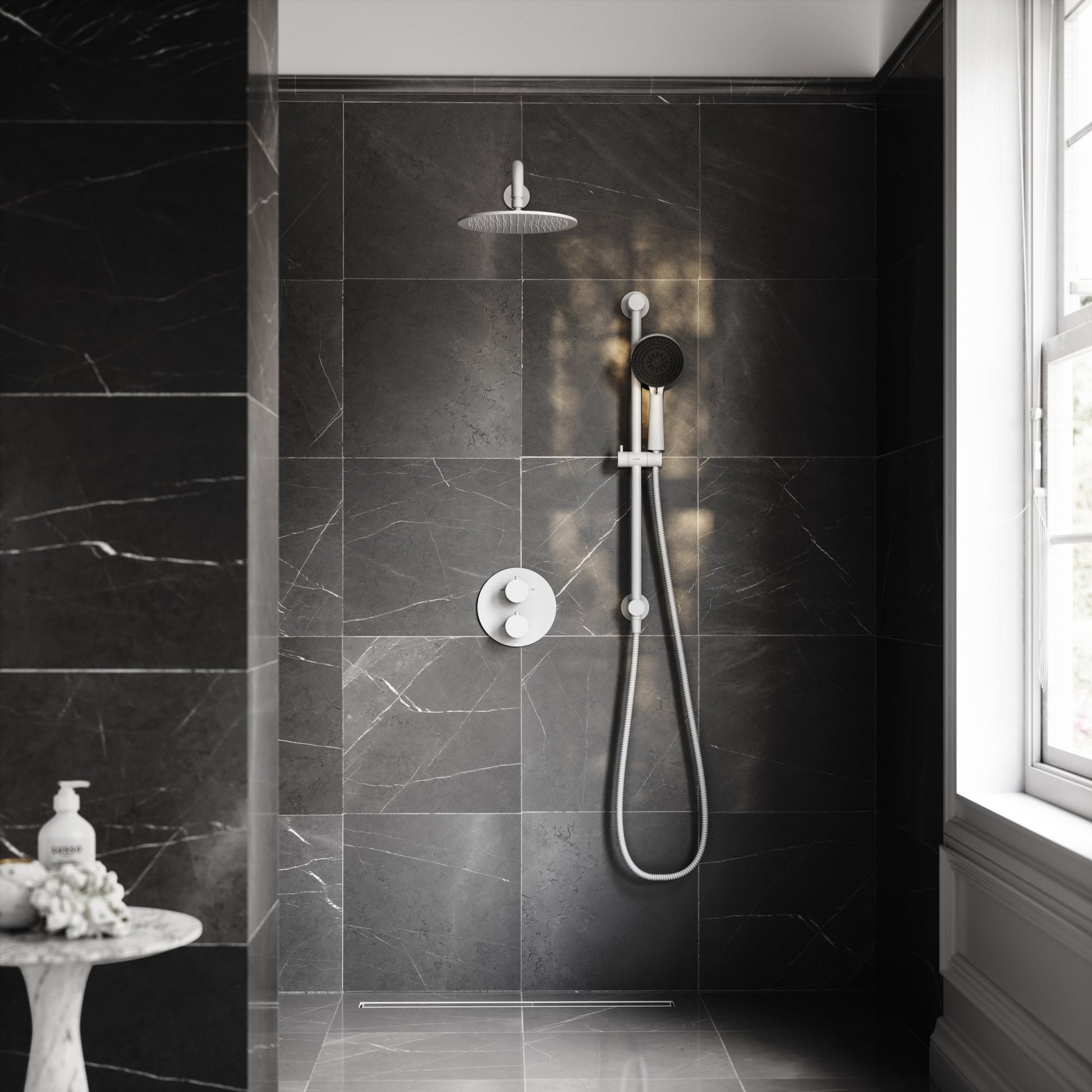 Luxe Silk Matte White Thermostatic Shower with Handheld Shower