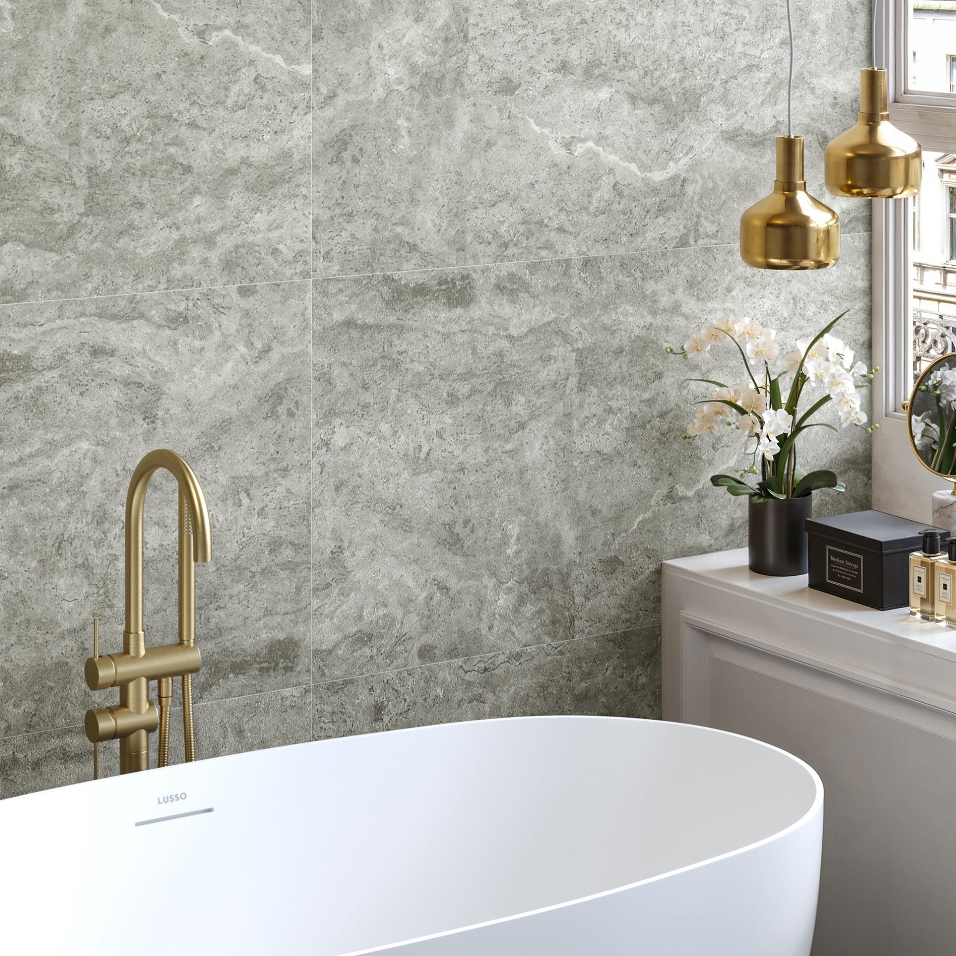 Manzoni Edge Grey Travertine Porcelain Wall or Floor Tile 1200 x 600mm