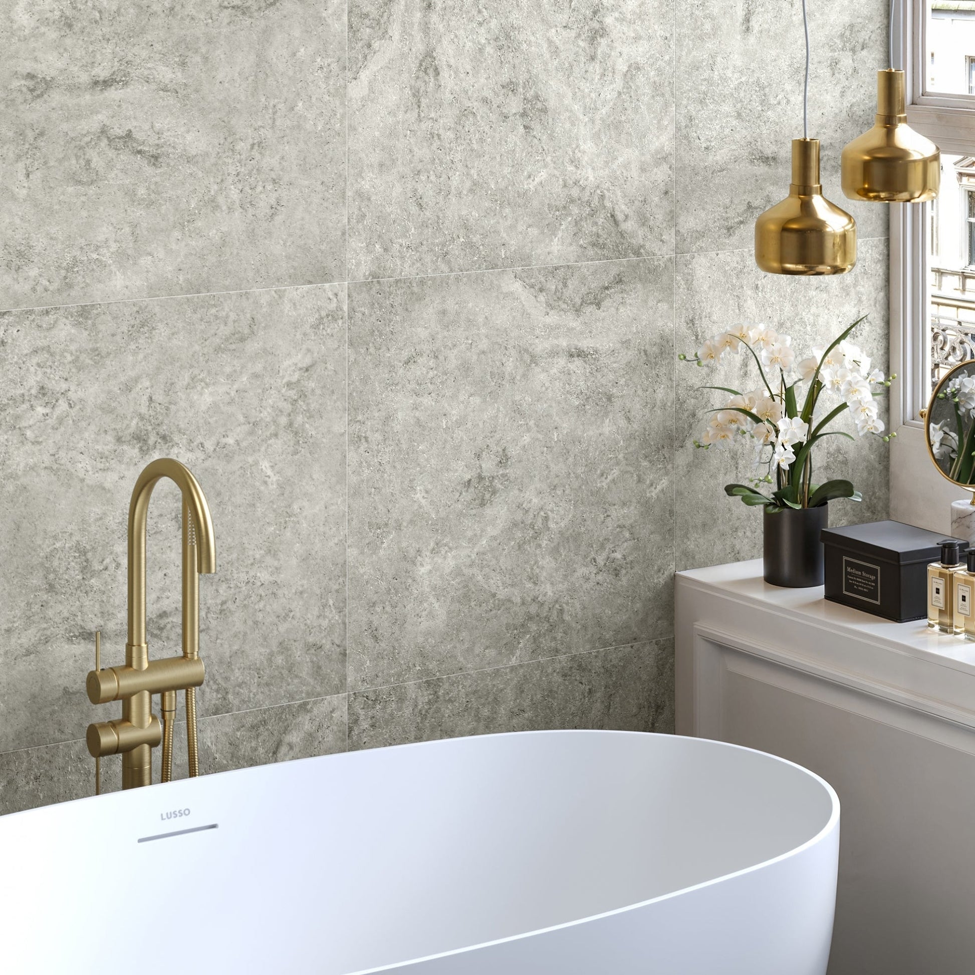 Manzoni Edge Grey Travertine Porcelain Wall or Floor Tile 600 x 600mm