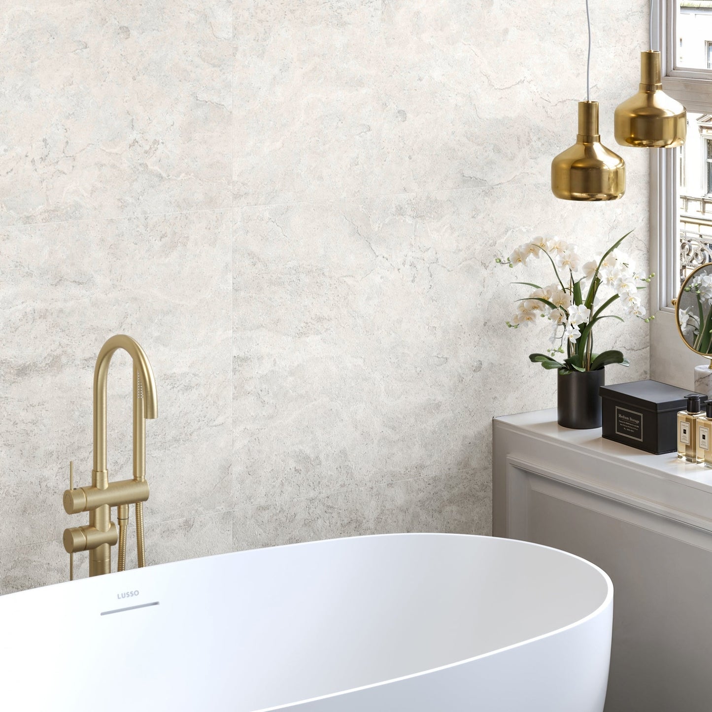 Manzoni White Travertine Porcelain Wall or Floor Tile 1200 x 600mm