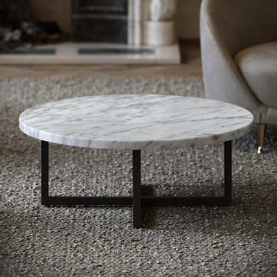 Nazzano Carrara Marble Round Coffee Table with Black Legs