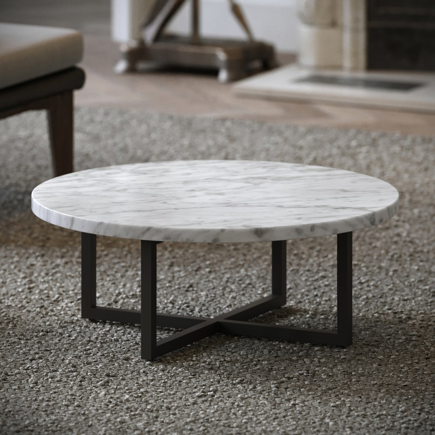 Nazzano Carrara Marble Round Coffee Table with Black Legs