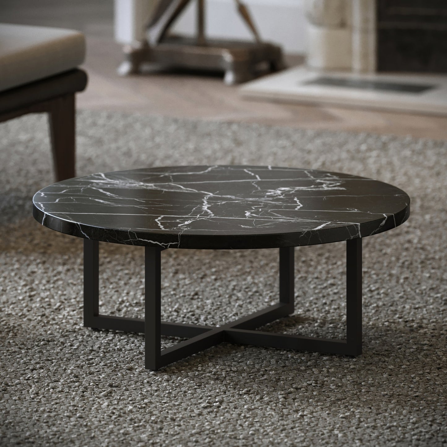 Nazzano Nero Marquina Marble Round Coffee Table with Black Legs