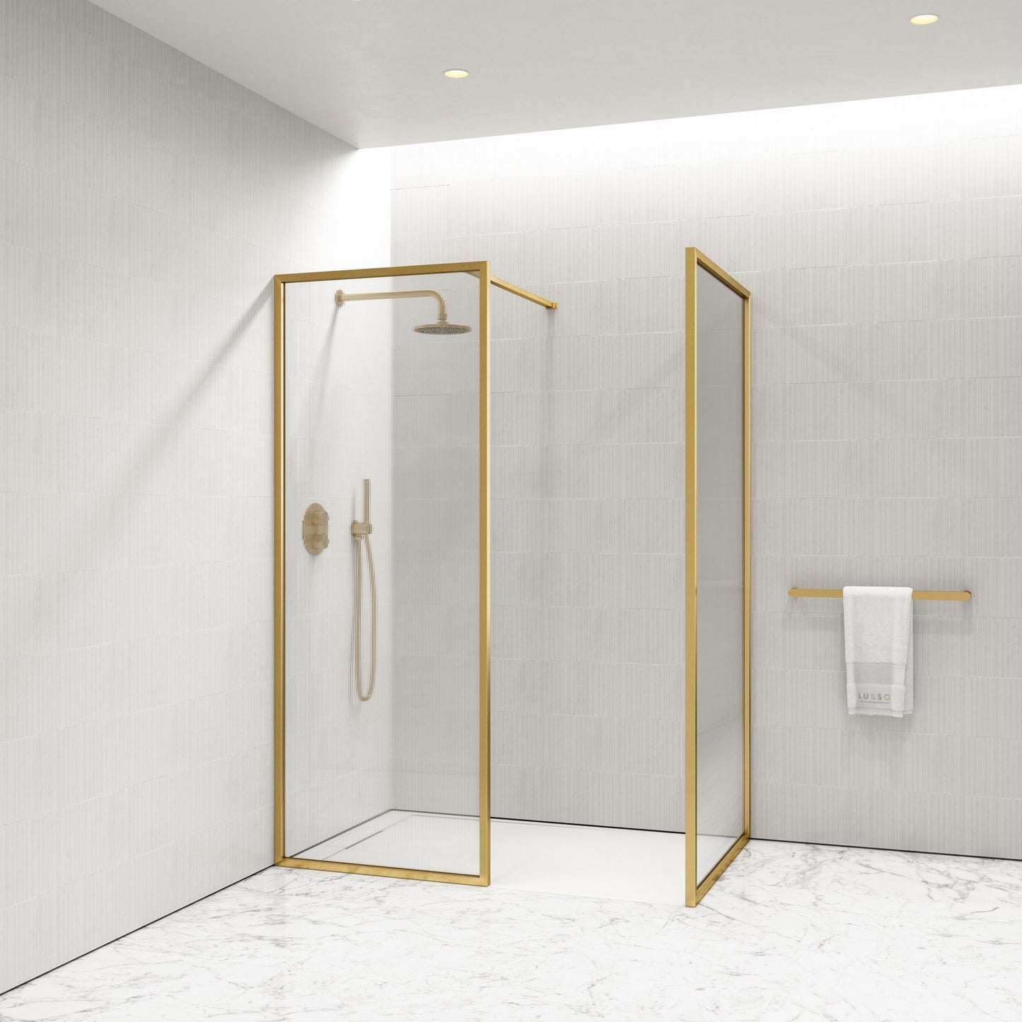 Opulence Reeded Glass Complete Walk In Shower Enclosure Brushed Gold - KIT B (ALL SIZES)