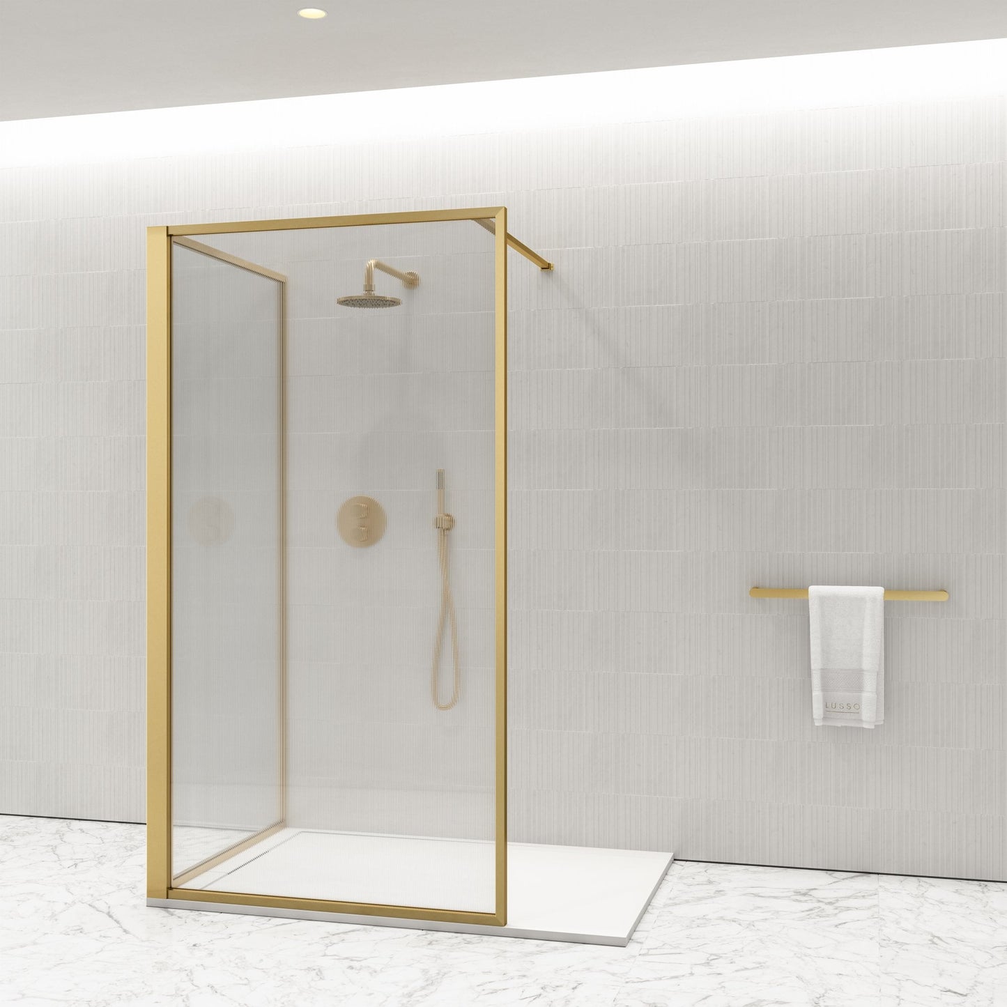 Opulence Reeded Glass Complete Walk In Shower Enclosure Brushed Gold - KIT C (ALL SIZES)