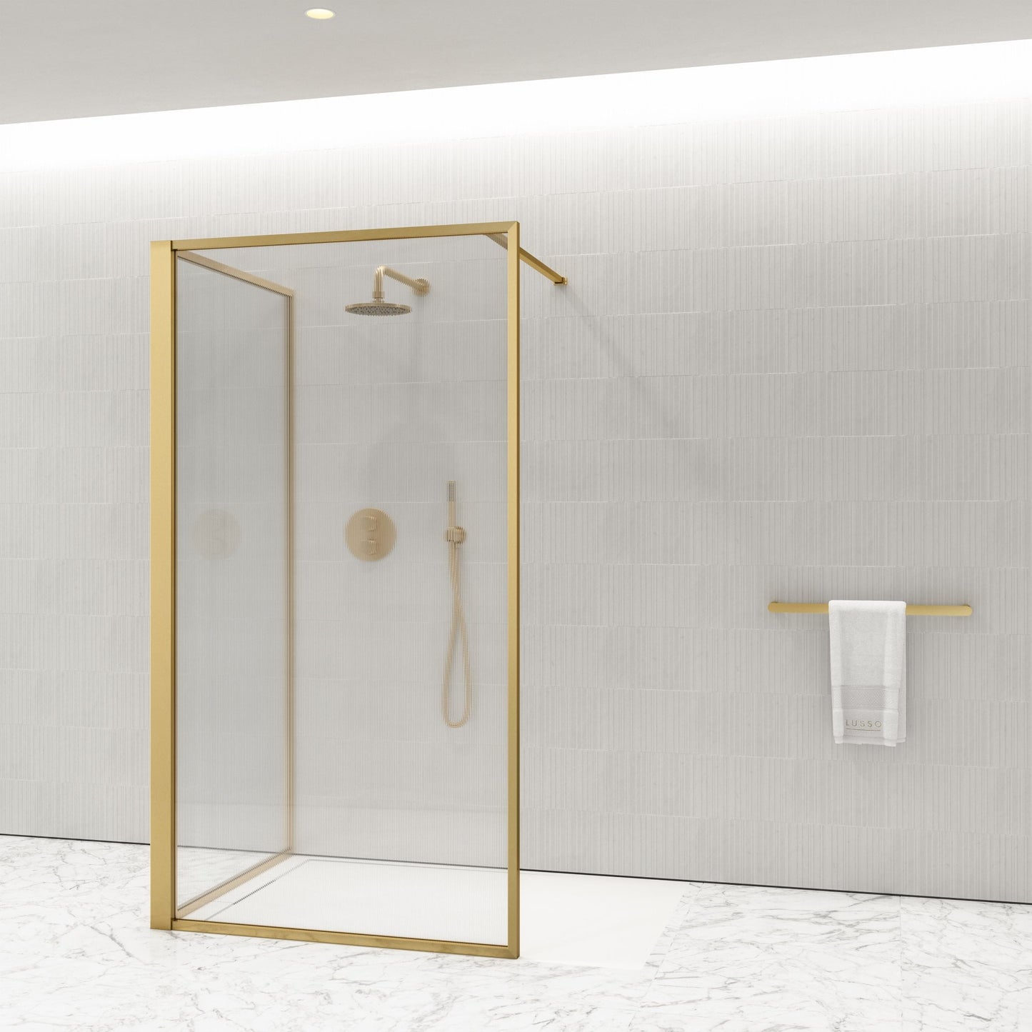 Opulence Reeded Glass Complete Walk In Shower Enclosure Brushed Gold - KIT C (ALL SIZES)