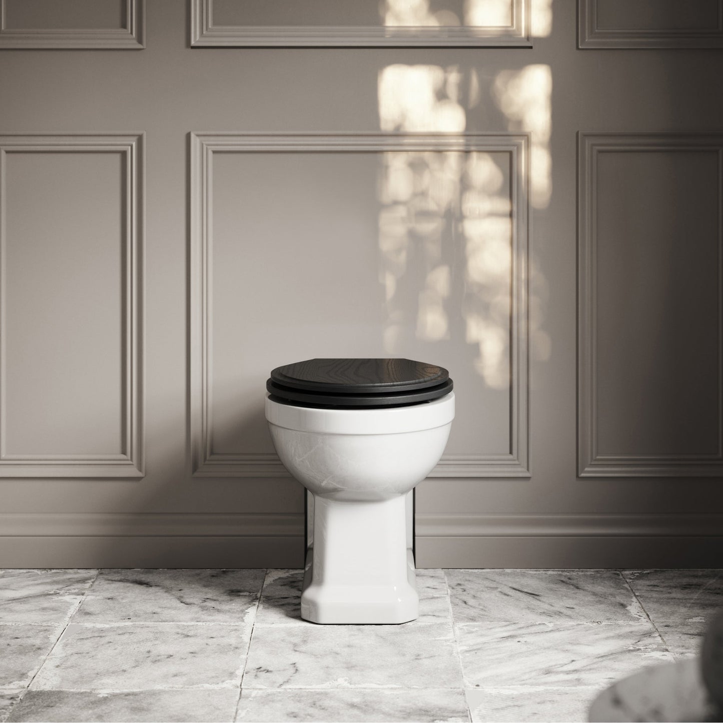 Portland Back to Wall Traditional Toilet with Solid Oak Matte Black seat (Brushed Gold Fittings)