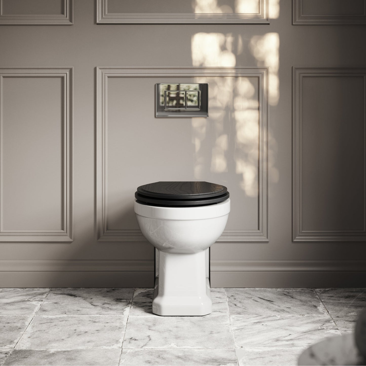 Portland Back To Wall Traditional Toilet With Solid Oak Matte Black Seat with Concealed Cistern and Chrome Flush Plate