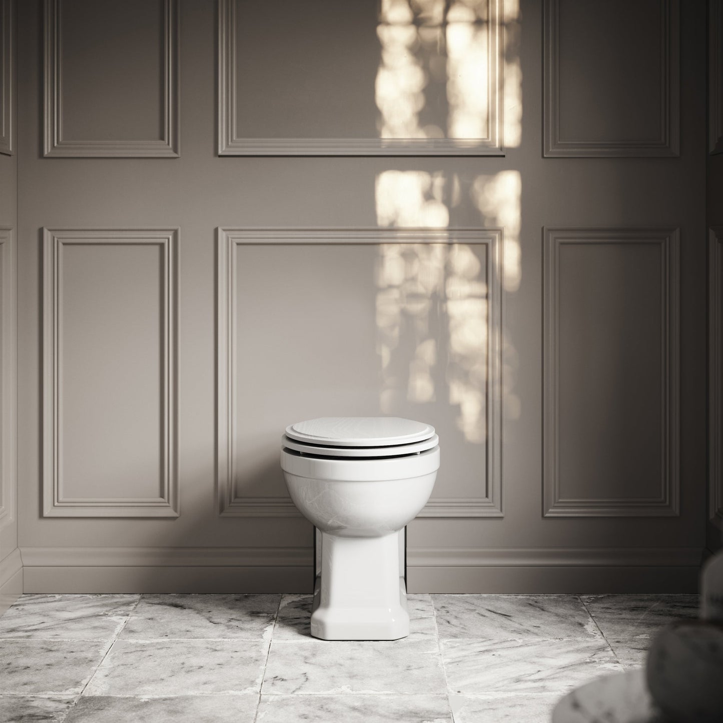 Portland Back to Wall Traditional Toilet with Solid Oak Matte White seat (Chrome Fittings)