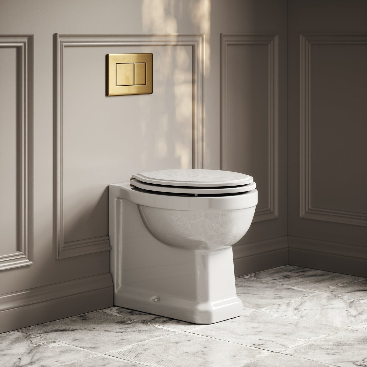 Portland Back To Wall Traditional Toilet With Solid Oak Matte White Seat with Concealed Cistern and Brushed Gold Flush Plate