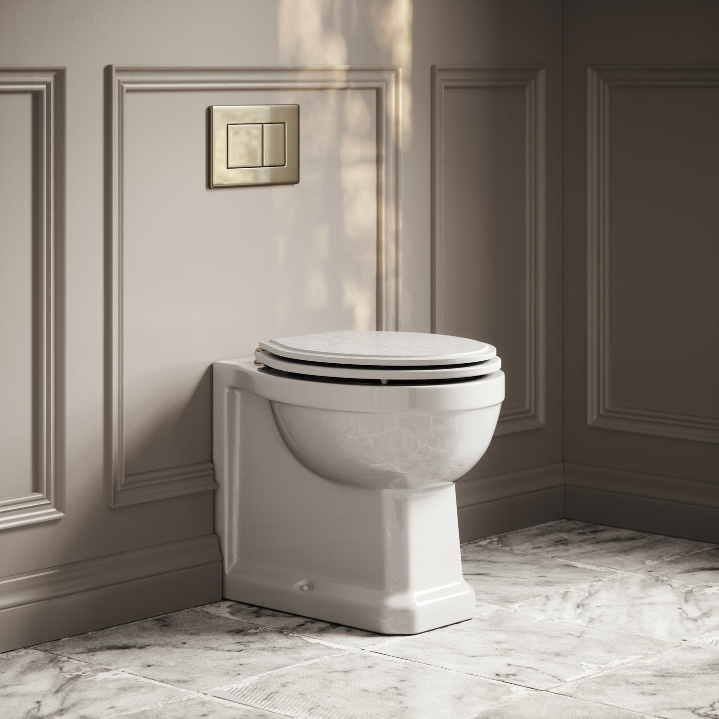 Portland Back To Wall Traditional Toilet With Solid Oak Matte White Seat with Concealed Cistern and Polished Nickel Flush Plate