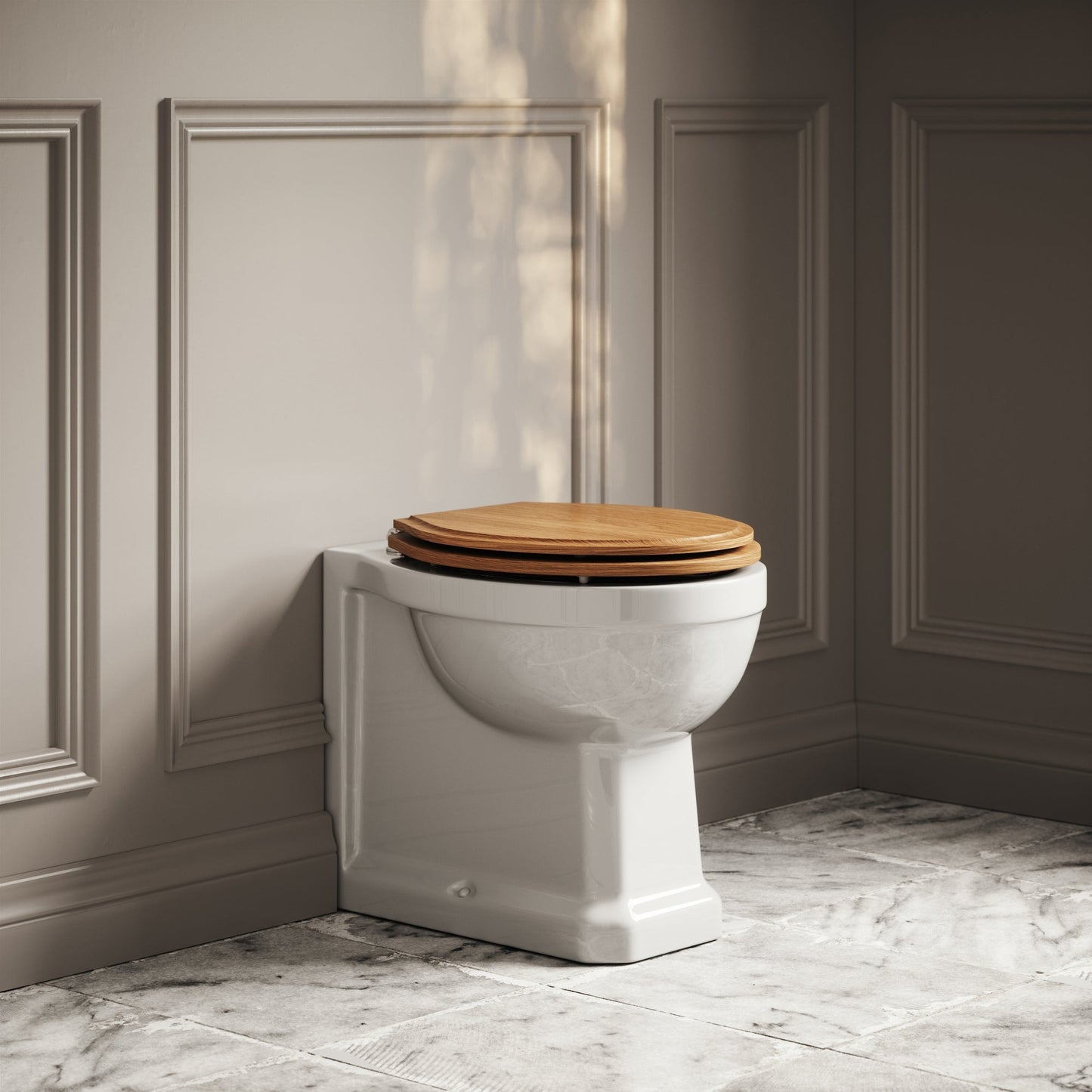 Portland Back to Wall Traditional Toilet with Solid Oak seat (Chrome Fittings)