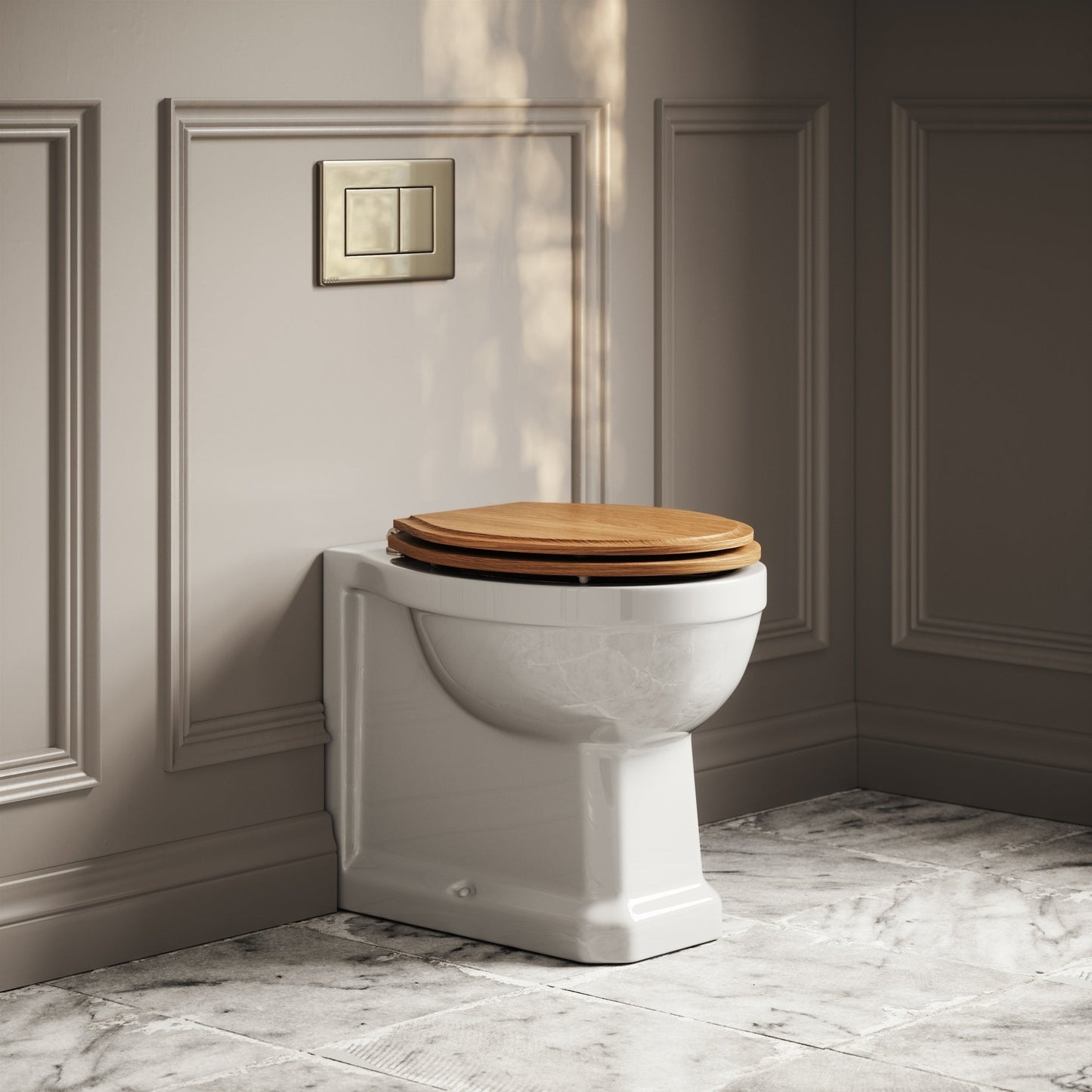 Portland Back To Wall Traditional Toilet With Solid Oak Seat with Concealed Cistern and Polished Nickel Flush Plate