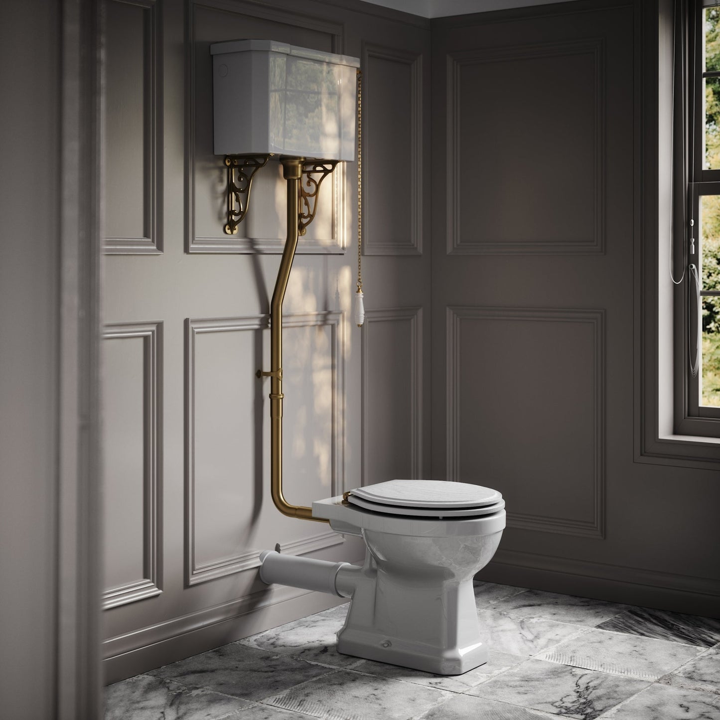 Portland High Level Traditional Toilet with Solid Oak Matte White seat (Brushed Gold Fittings)
