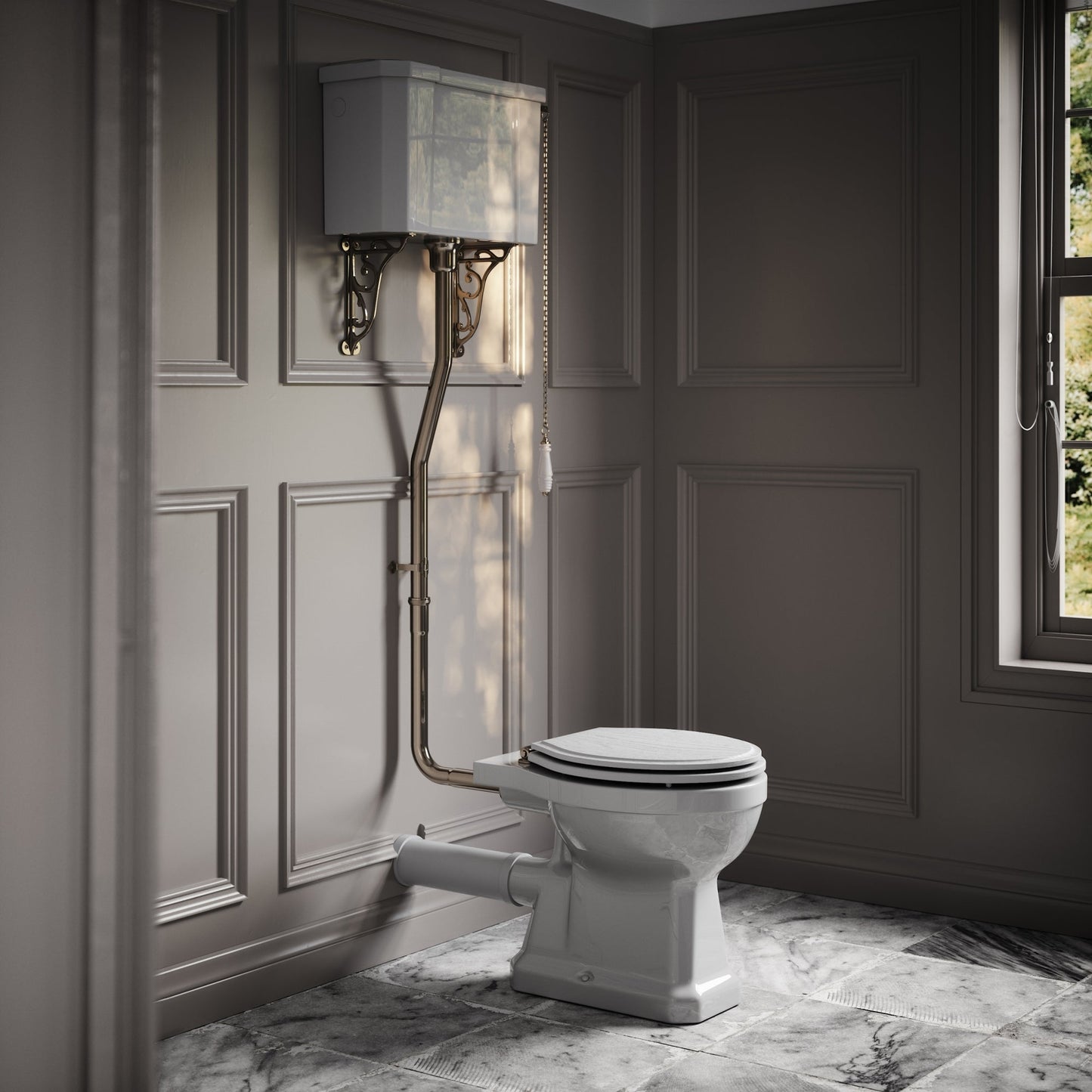Portland High Level Traditional Toilet with Solid Oak Matte White seat (Polished Nickel Fittings)