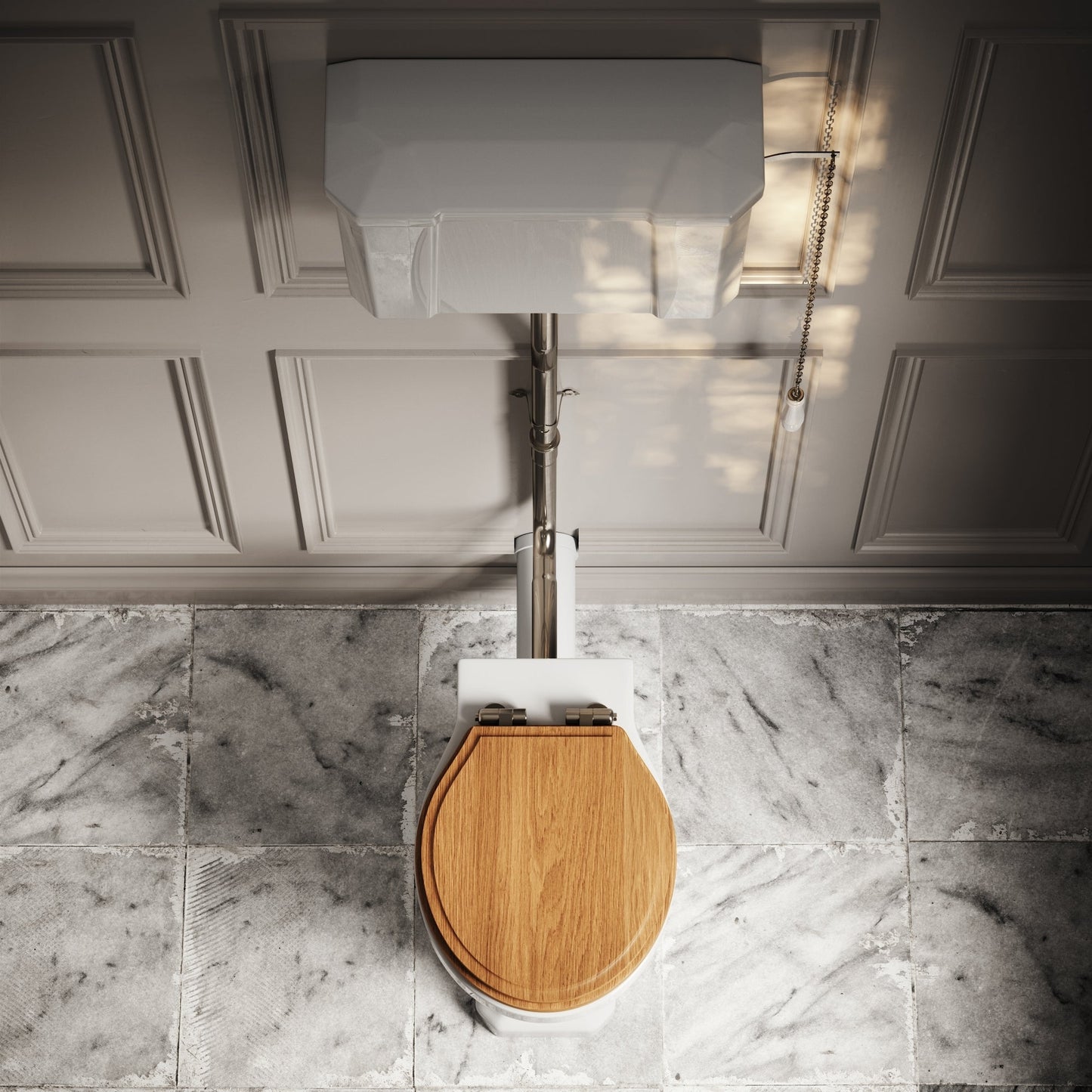 Portland High Level Traditional Toilet with Solid Oak seat (Polished Nickel Fittings)