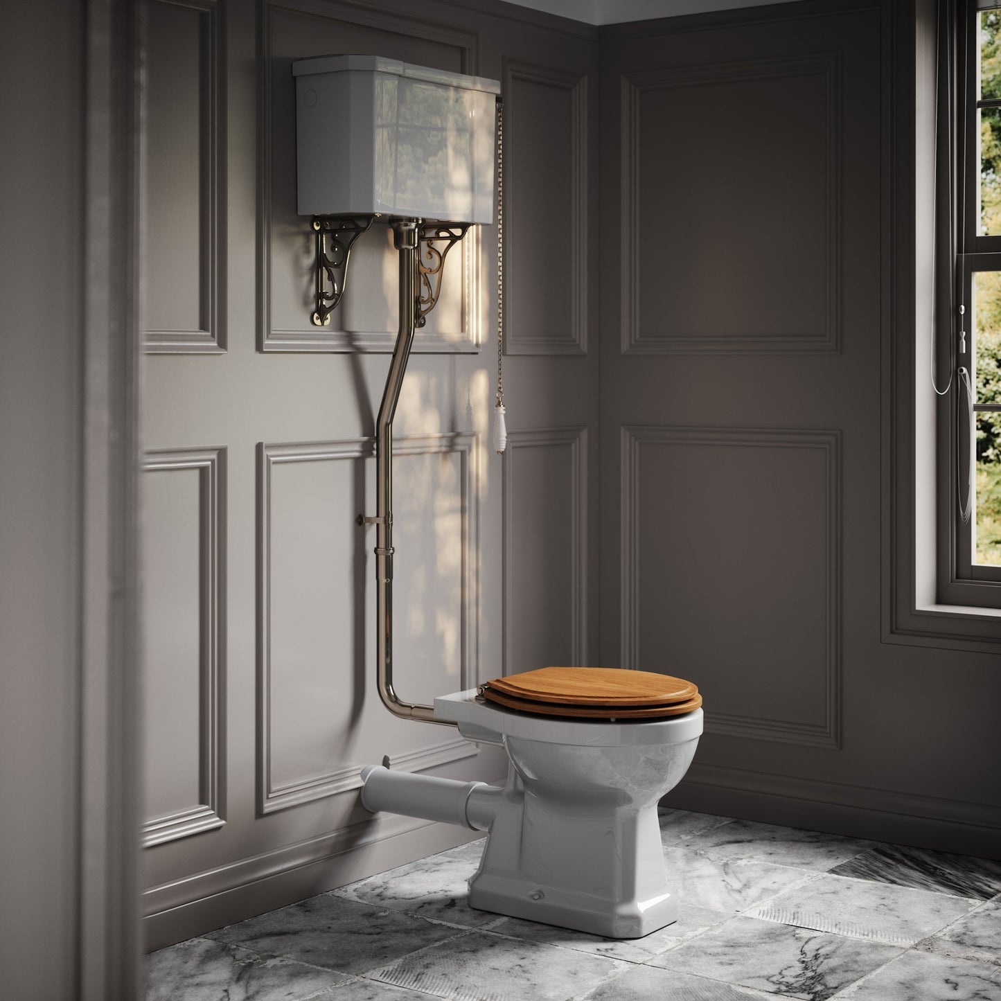Portland High Level Traditional Toilet with Solid Oak seat (Polished Nickel Fittings)