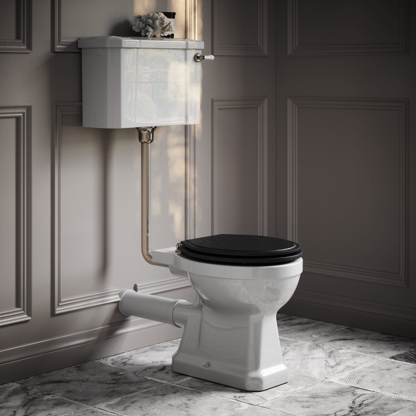 Portland Low Level Traditional Toilet with Solid Oak Matte Black seat (Polished Nickel Fittings)