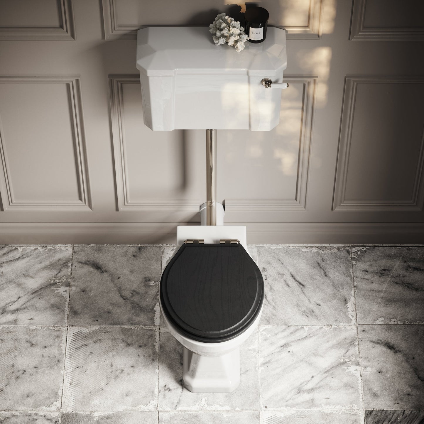 Portland Low Level Traditional Toilet with Solid Oak Matte Black seat (Polished Nickel Fittings)