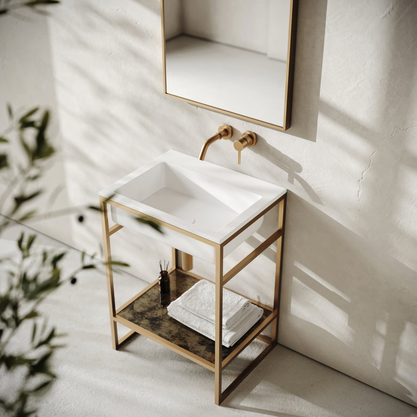 Signature Vanity Unit with Stone Basin Brushed Gold Frame 600mm