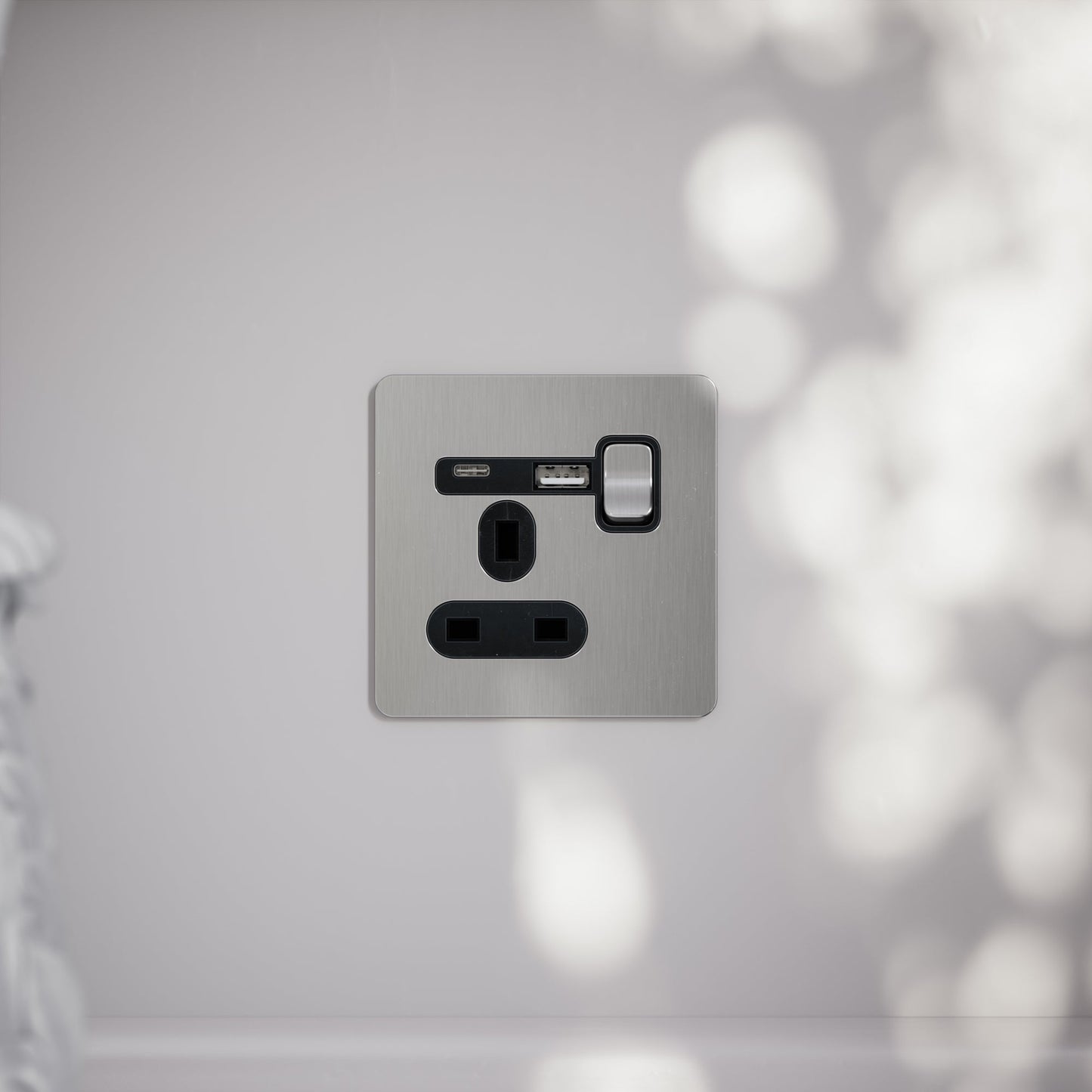 SlimTech Collection Brushed Stainless 1 Gang 13A USB & USB-C Socket