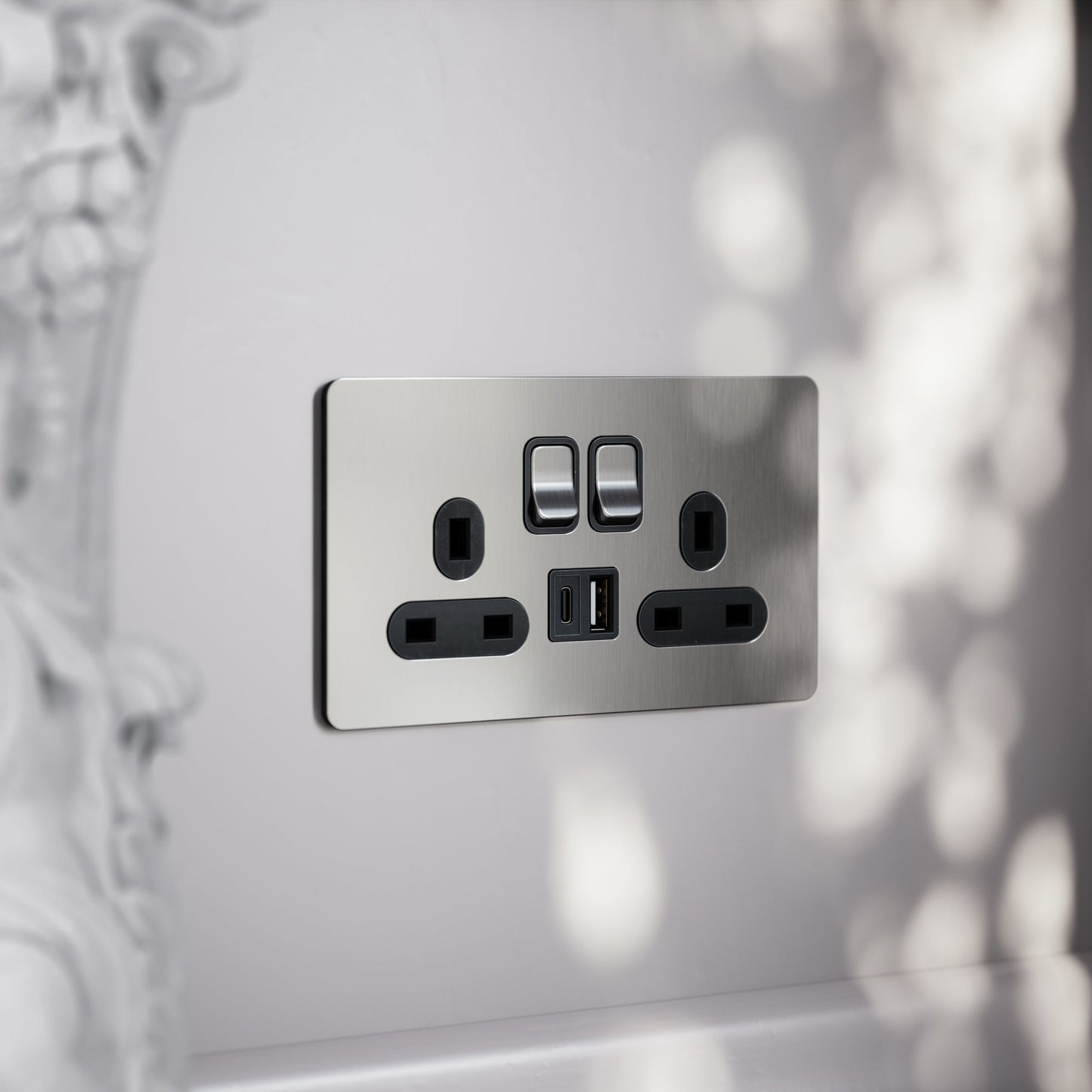 SlimTech Collection Brushed Stainless 2 Gang 13A USB & USB-C Socket
