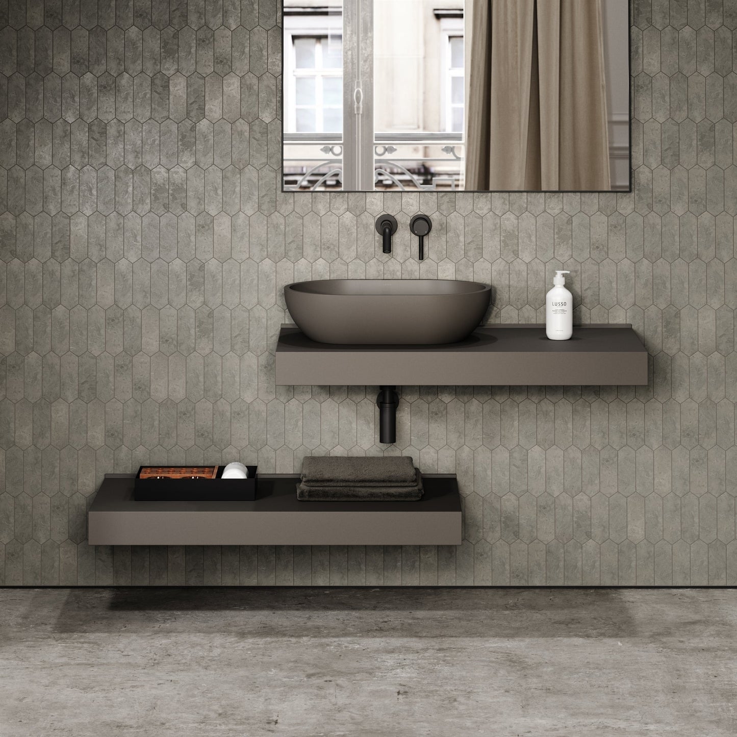 Stone Wall Hung Countertop Basin Shelf & Towel Shelf (1000mm Wide - Earth)