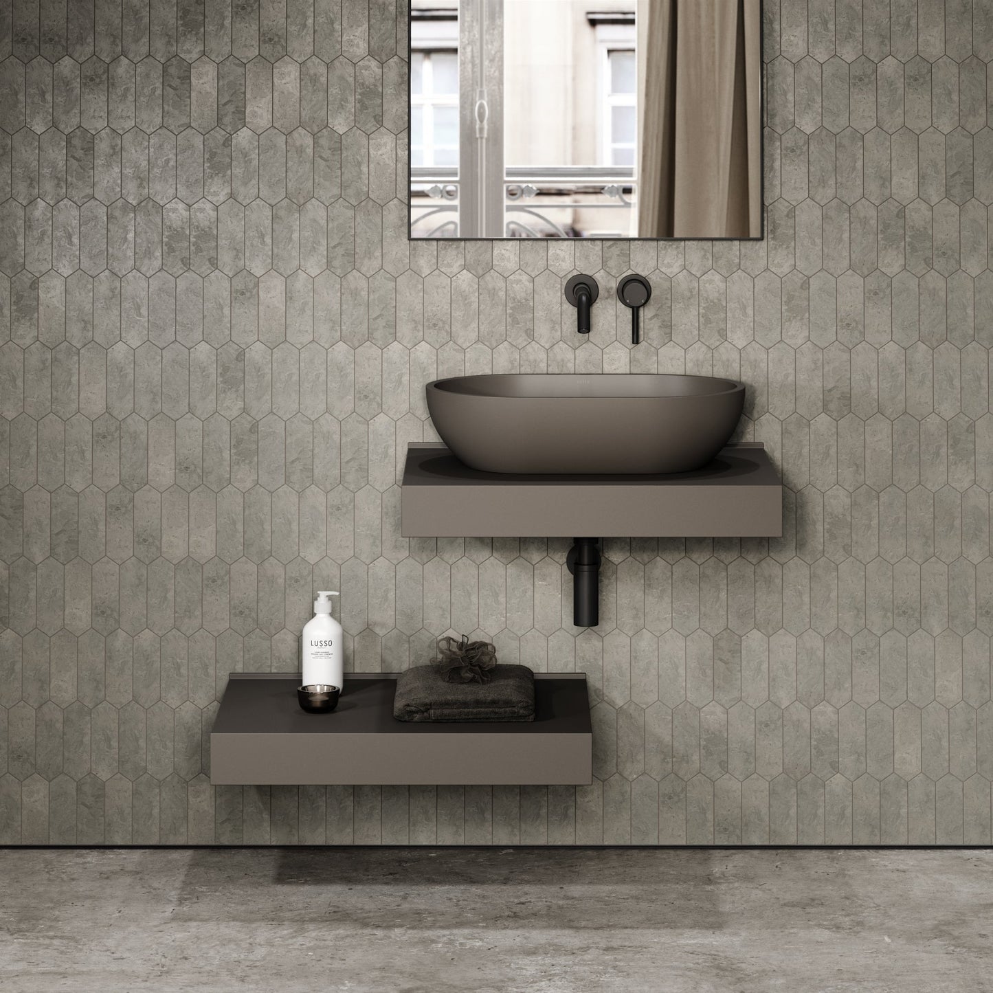 Stone Wall Hung Countertop Basin Shelf & Towel Shelf (660mm Wide - Earth)