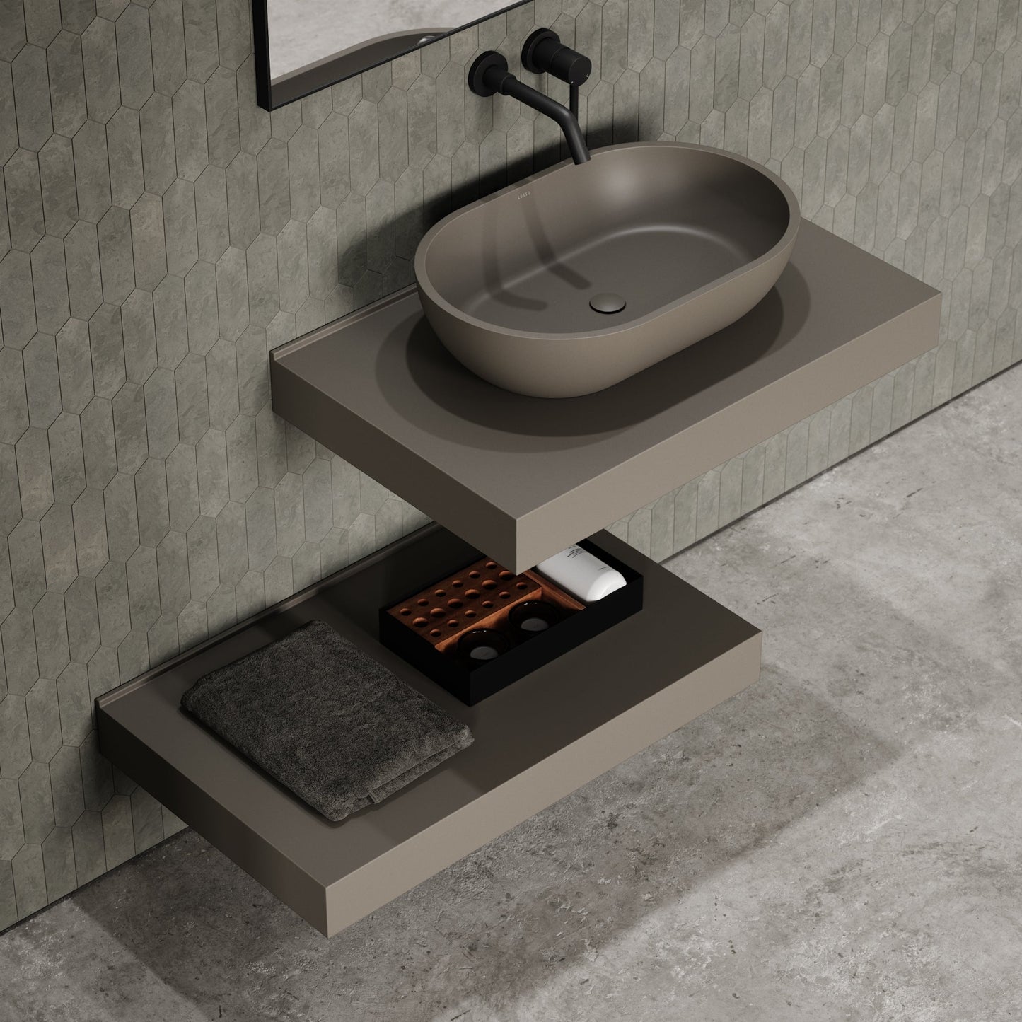 Stone Wall Hung Countertop Basin Shelf & Towel Shelf (800mm Wide - Earth)